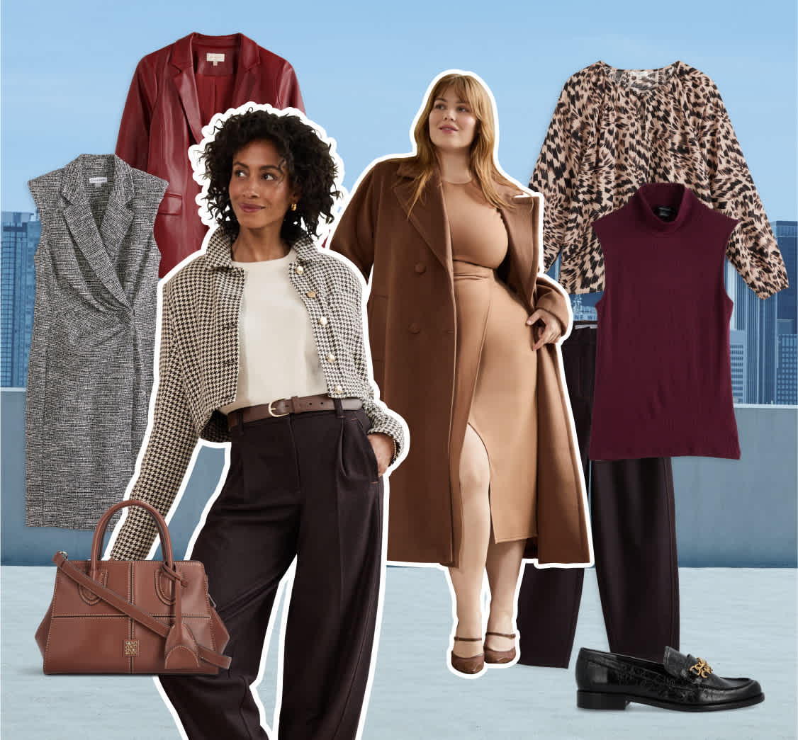 Stitch Fix women’s hero image highlighting sophisticated city-ready looks in warm brown and burgundy hues. Models wear tailored trousers, a sleeveless knit dress, tweed jacket, and long camel coat. Displayed alongside are complementary Stitch Fix pieces including a burgundy top, loafers, and a red printed blouse—elevated essentials for work or evening.