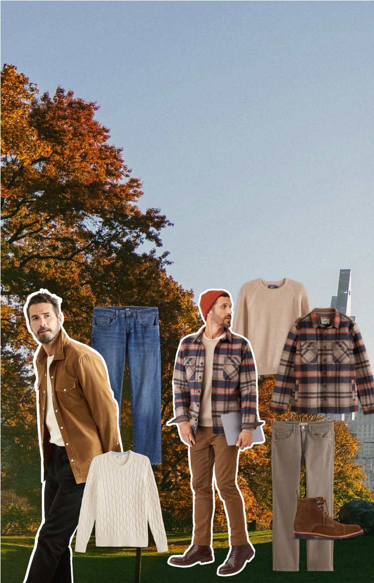 Stitch Fix men’s desktop hero highlighting fall layering essentials. Outfits include plaid overshirts, crewneck sweaters, quilted jackets, and straight-leg jeans styled in earthy neutrals and soft knits. Models stand confidently in a natural outdoor setting, representing effortless Stitch Fix versatility.