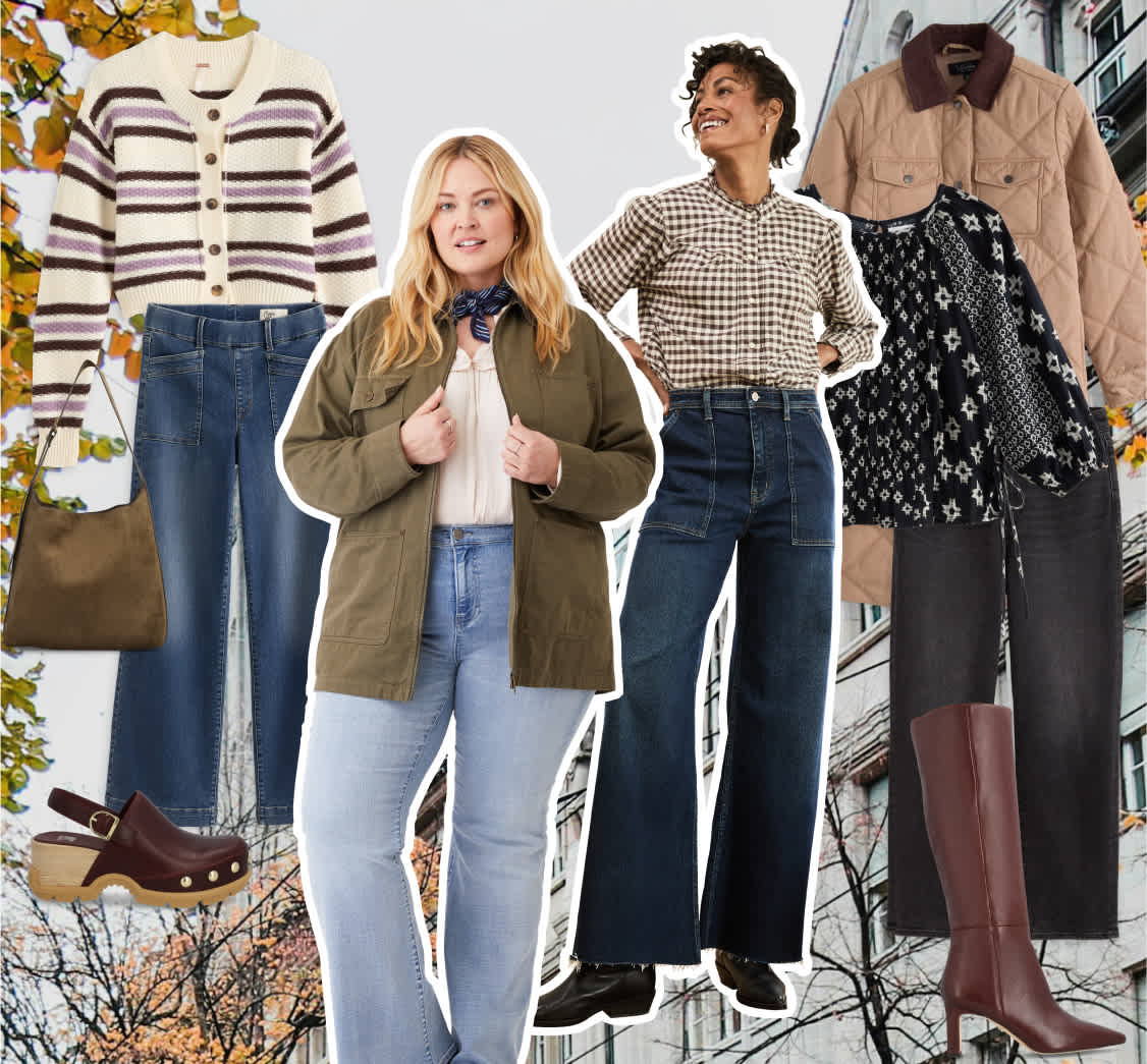 Stitch Fix women’s fall hero featuring layered denim and knit looks styled for a crisp outdoor day. Models wear striped cardigans, olive jackets, and flared jeans with boots. Additional pieces include checked blouses, cropped denim, a neutral shirt jacket, and tan accessories—effortless fall layering inspired by Stitch Fix styling.