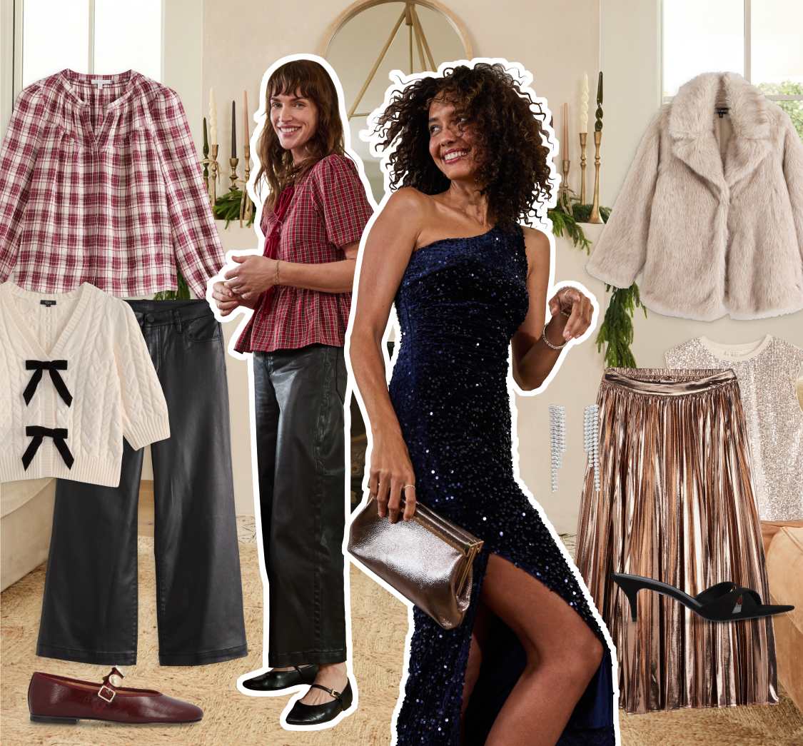 Stitch Fix women’s holiday hero featuring festive outfits in a cozy living room setting. A woman in a navy sequin gown holds a silver clutch beside another in a red top and metallic pleated skirt. Surrounding pieces include a plaid blouse, ivory sweater with black bow detail, wide-leg pants, and faux-fur jacket—capturing holiday elegance and versatility.