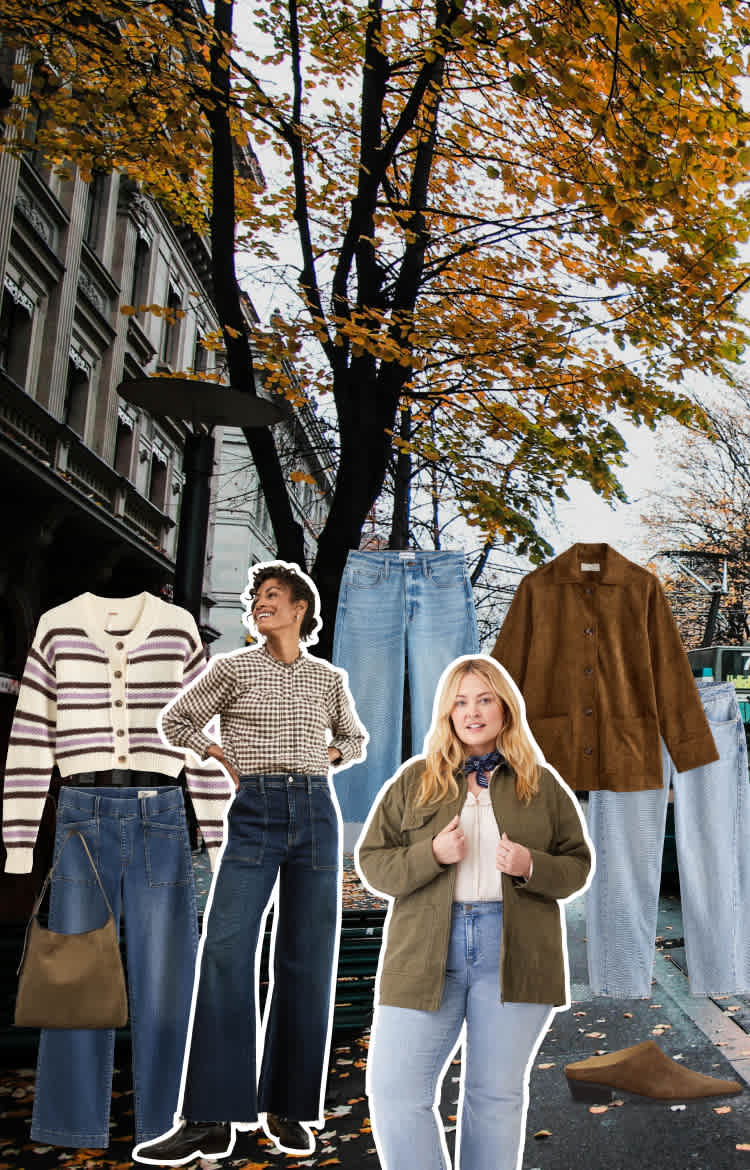 Stitch Fix desktop hero highlighting layered fall outfits in warm neutrals. Looks include striped knit cardigans, flared jeans, checked blouses, suede jackets, wide-leg denim, and heeled boots — styled against an autumn city backdrop that embodies Stitch Fix’s seasonal sophistication.
