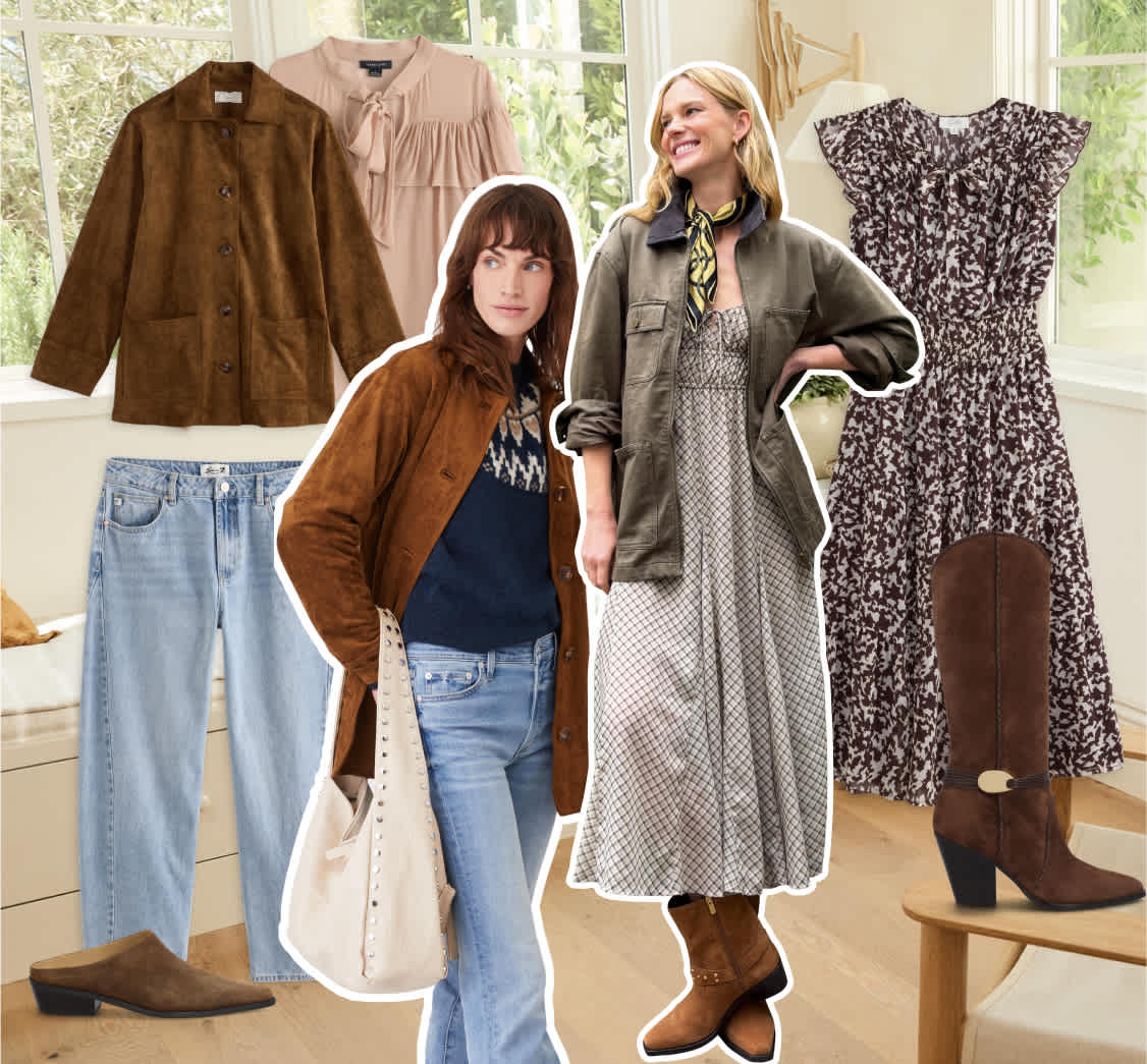 Stitch Fix women’s fall hero showcasing layered textures and earthy tones. Two models wear a shearling coat, rust jacket, and flowy patterned dress paired with denim and suede boots. The backdrop includes coordinating Stitch Fix pieces like wide-leg jeans, a brown cord jacket, and neutral printed dress—perfect for cozy-chic autumn style.