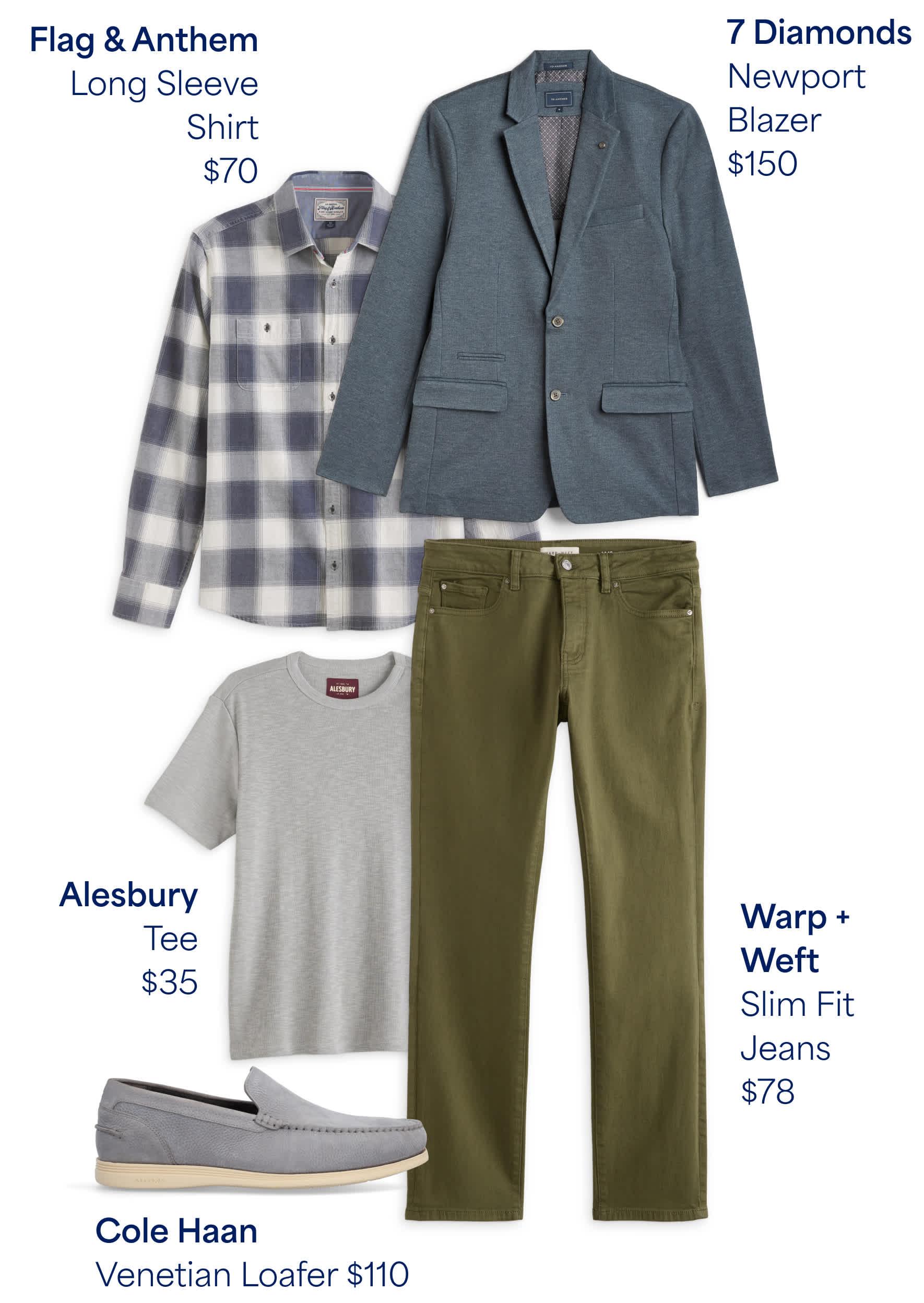 Stitch Fix men’s outfit flat lay featuring the Flag & Anthem Long Sleeve Shirt ($70), 7 Diamonds Newport Blazer ($150), Alesbury Tee ($35), Warp + Weft Slim Fit Jeans ($78), and Cole Haan Venetian Loafer ($110). A modern, smart-casual look combining comfort and polish.