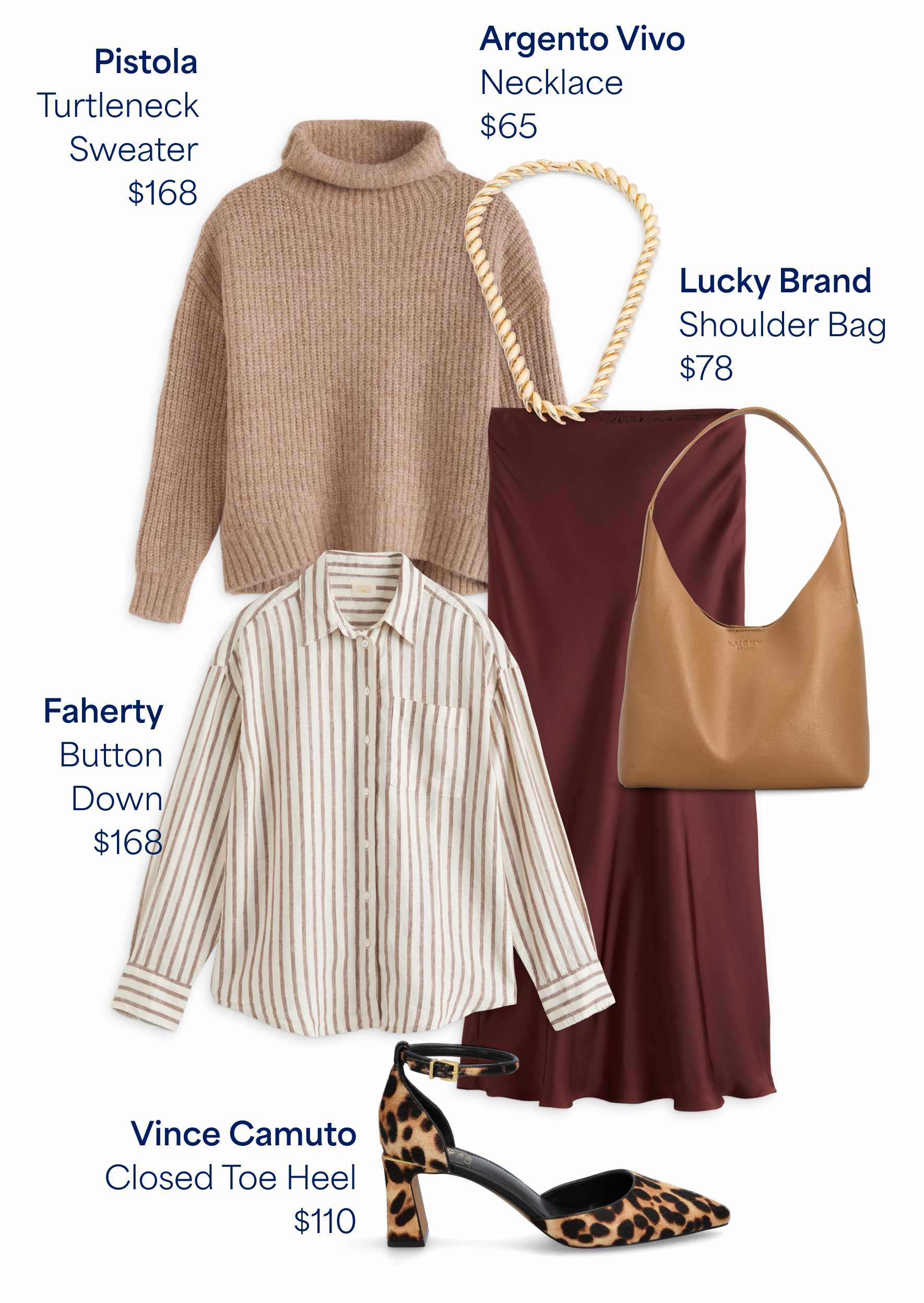 Stitch Fix outfit flat lay showcasing chic, refined staples: Pistola Turtleneck Sweater ($168), Faherty Button Down ($168), Argento Vivo Necklace ($65), Lucky Brand Shoulder Bag ($78), and Vince Camuto Closed Toe Heel ($110). A polished neutral look for day or night.