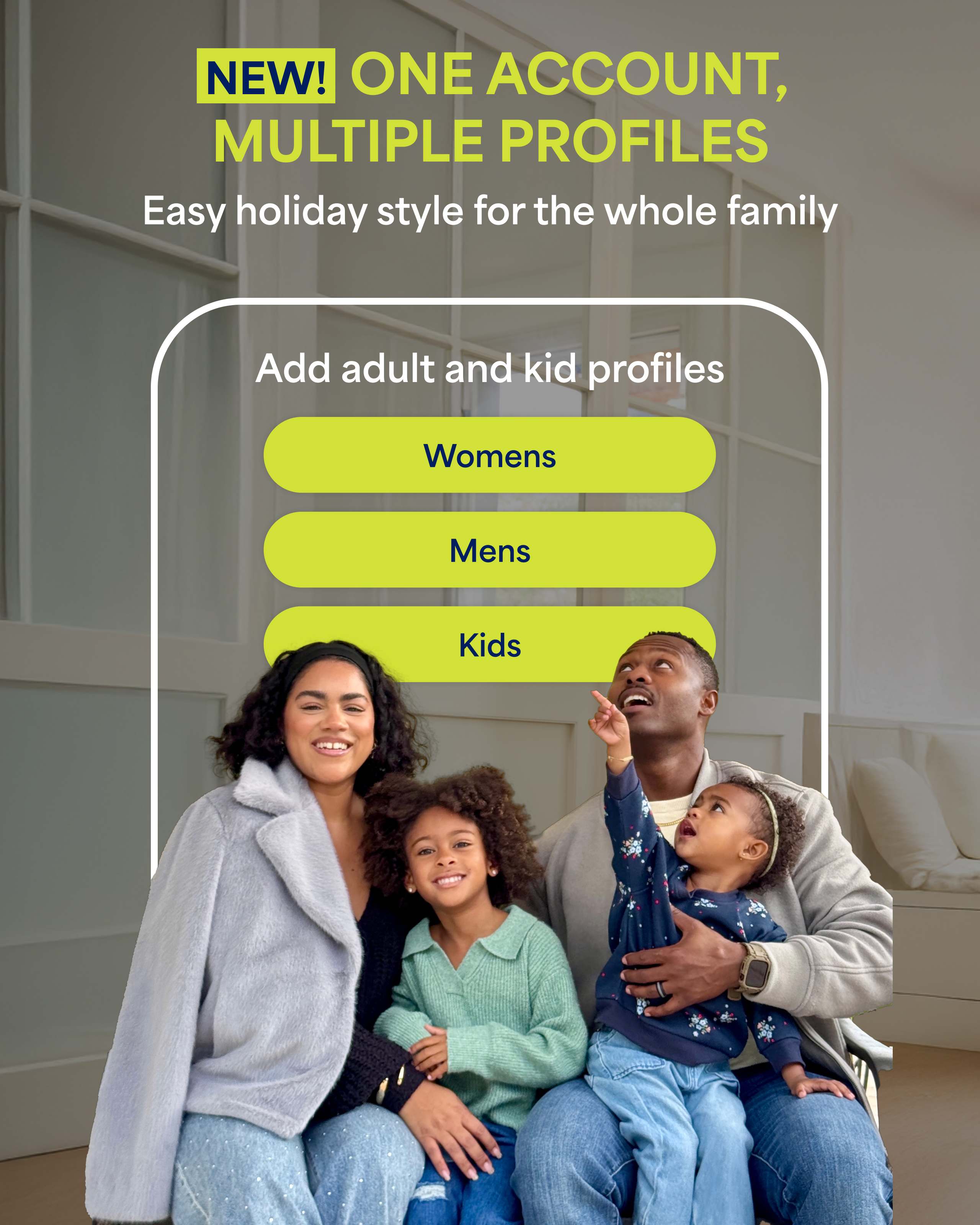 Stitch Fix promotional image showcasing a smiling family of four in cozy outfits. Headline reads “NEW! One Account, Multiple Profiles.” Text: “Easy holiday style for the whole family.” Buttons shown for “Womens,” “Mens,” and “Kids.” The family wears coordinating pastel and neutral winter styles in a warm, homey living room setting.