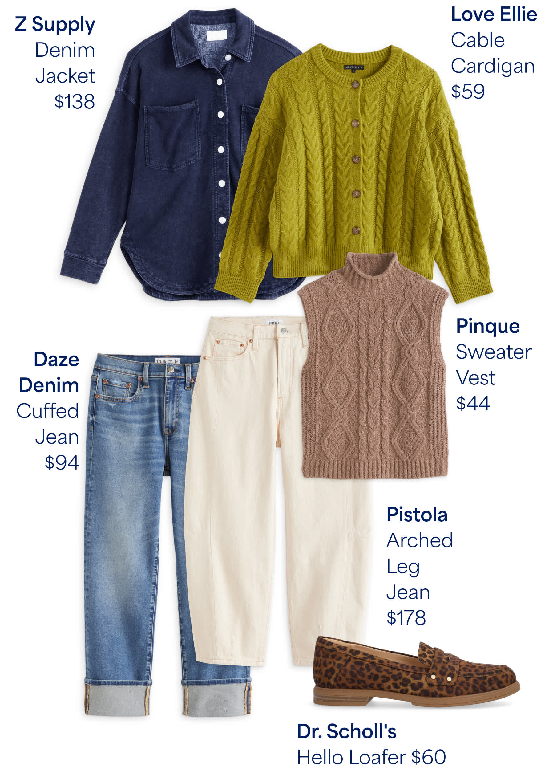 Stitch Fix outfit flat lay highlighting cozy fall layers: Z Supply Denim Jacket ($138), Love Ellie Cable Cardigan ($59), Pinque Sweater Vest ($44), Daze Denim Cuffed Jean ($94), Pistola Arched Leg Jean ($178), and Dr. Scholl’s Hello Loafer ($60). A relaxed, elevated fall ensemble.