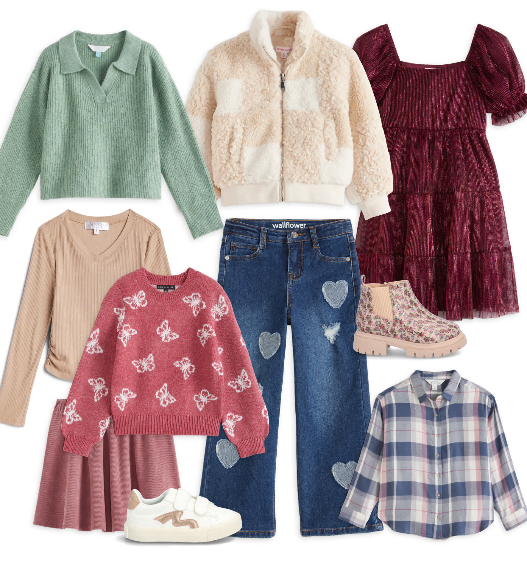 A Stitch Fix outfit flat lay featuring cozy kid-ready styles in soft tones. Pieces include a fuzzy mint sweater, cream sherpa jacket, burgundy floral dress, beige top, red patterned sweater, denim jeans with heart patches, plaid shirt, and blush sneakers and boots — styled for a warm fall/winter look.