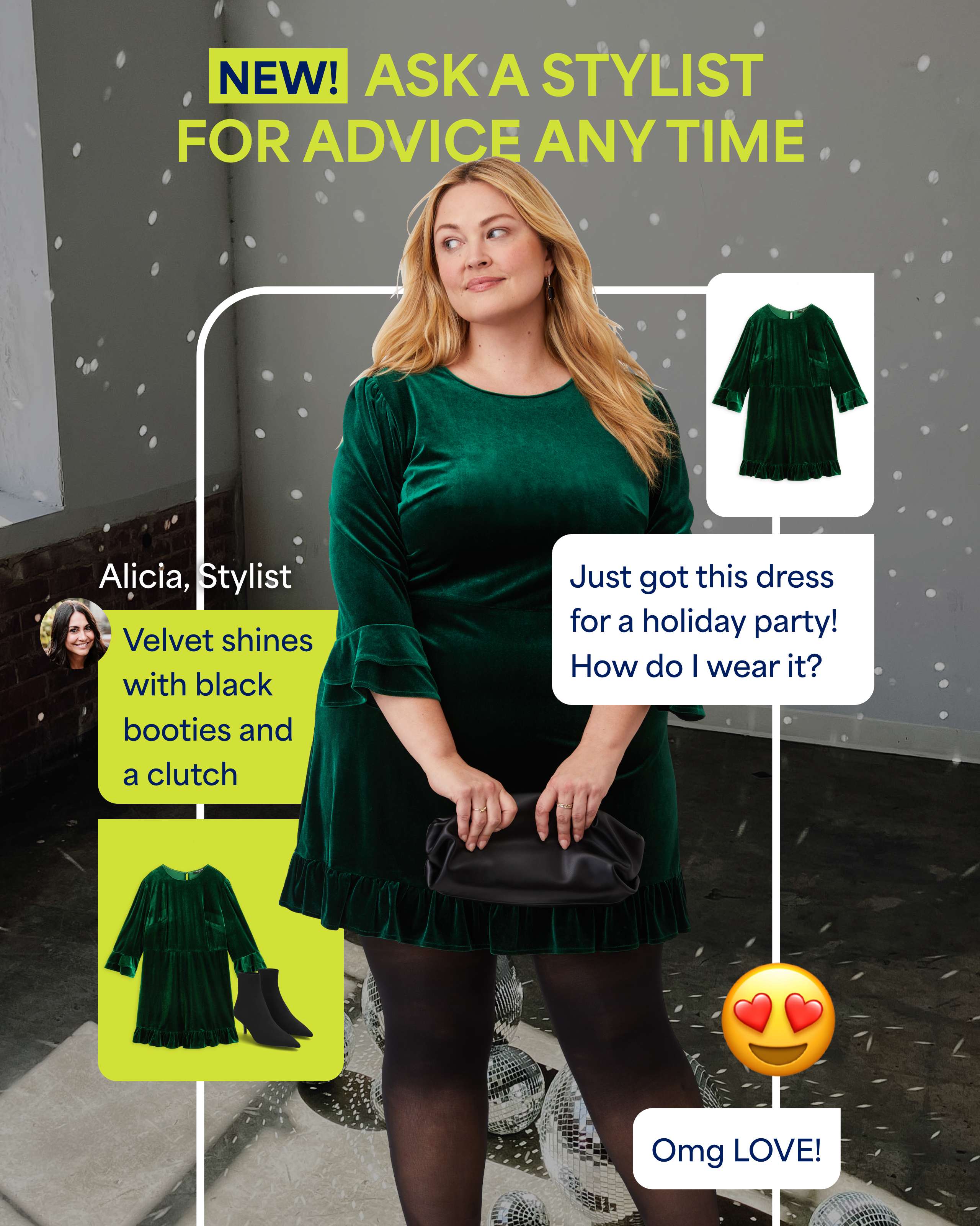 Stitch Fix creative featuring a woman in a green velvet dress holding a black clutch. Headline: “NEW! Ask a Stylist for Advice Any Time.” Speech bubble reads: “Just got this dress for a holiday party! How do I wear it?” A stylist named Alicia replies, “Velvet shines with black booties and a clutch.” Emojis and smaller images of the same green dress appear on the sides.