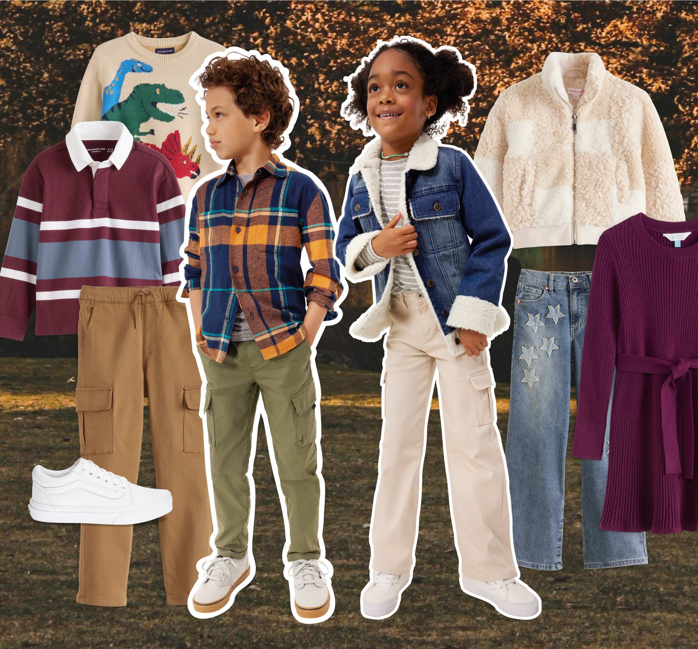 Stitch Fix kids’ hero image featuring two children dressed for cooler weather. The boy wears a plaid flannel shirt with green cargo pants, while the girl wears a denim jacket, cream sweater, and white pants. Displayed pieces include striped polos, sherpa jackets, jeans, and a purple knit dress — showcasing comfortable, playful Stitch Fix fall fashion.