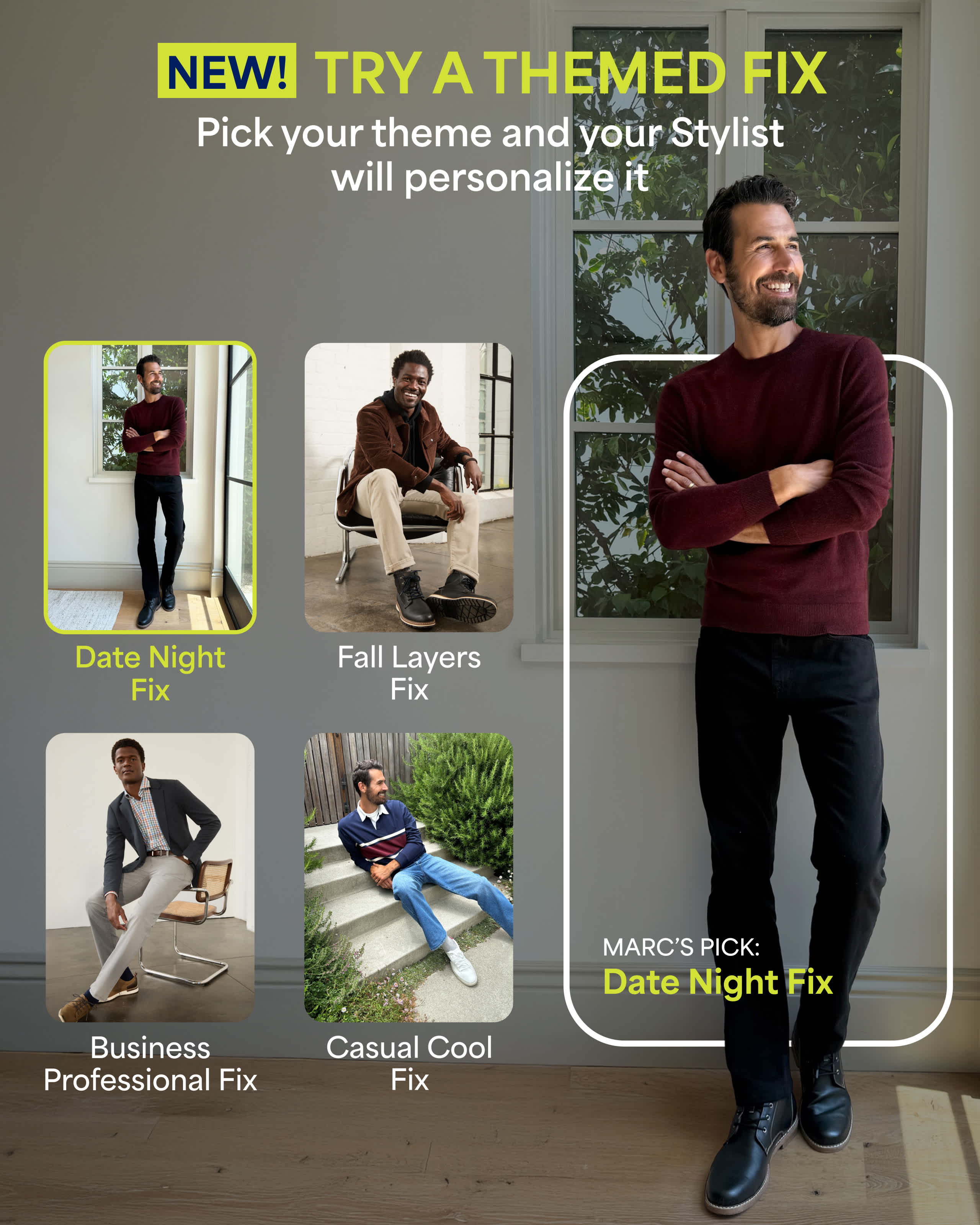 Stitch Fix image featuring a man in a burgundy sweater and dark pants under the headline “NEW! Try a Themed Fix.” Text reads: “Pick your theme and your Stylist will personalize it.” Four themed Fix options are shown: Date Night Fix, Fall Layers Fix, Business Professional Fix, and Casual Cool Fix. A label reads “MARC’S PICK: Date Night Fix.”