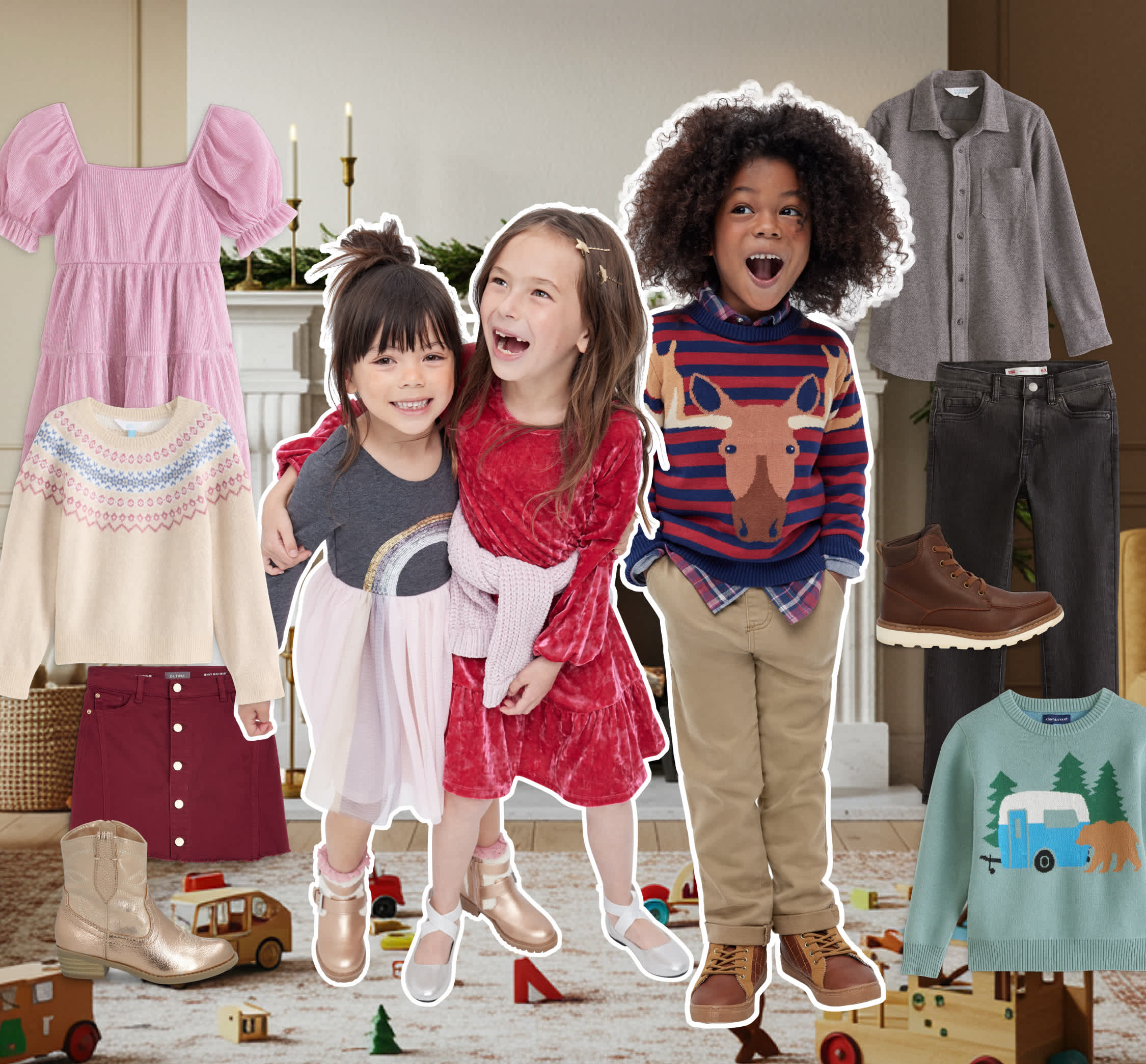 Stitch Fix kids’ hero showcasing fall and winter layering. Two children stand outdoors in soft pastel and neutral tones — a girl in a floral sweater and pleated skirt, and a boy in a cable-knit sweater with tan pants. Behind them are Stitch Fix pieces like plaid shirts, knit cardigans, jeans, and boots — styled for cozy seasonal adventures.