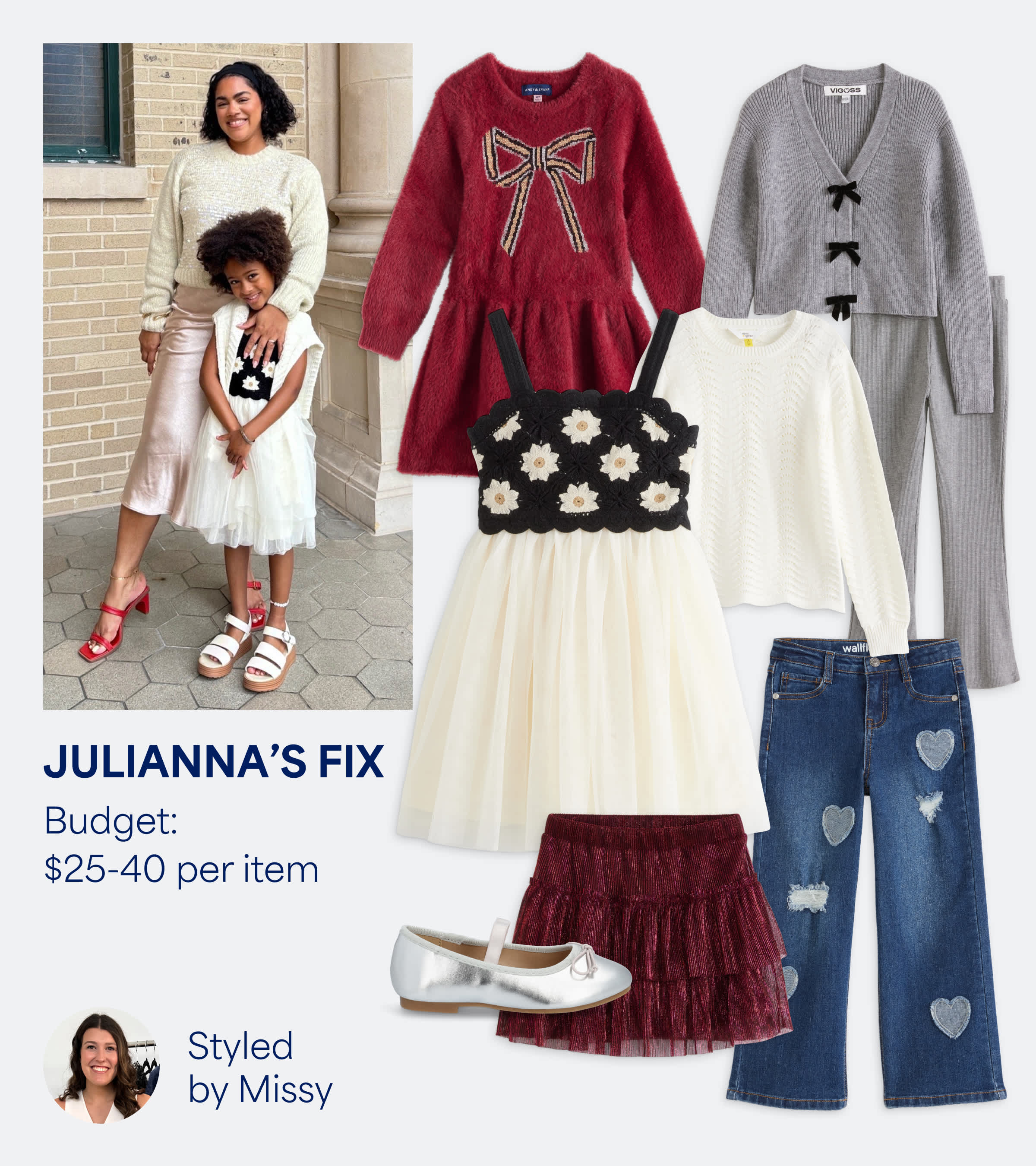 Stitch Fix Kids outfit styled by Missy for Julianna’s Fix. Budget: $25–40 per item. A festive girls’ look featuring a cream tulle skirt, black sweater with bow detail, and metallic flats. Additional Stitch Fix pieces include a red faux-fur dress with gold bows, a gray cardigan, and dark jeans — perfect for holiday dressing.