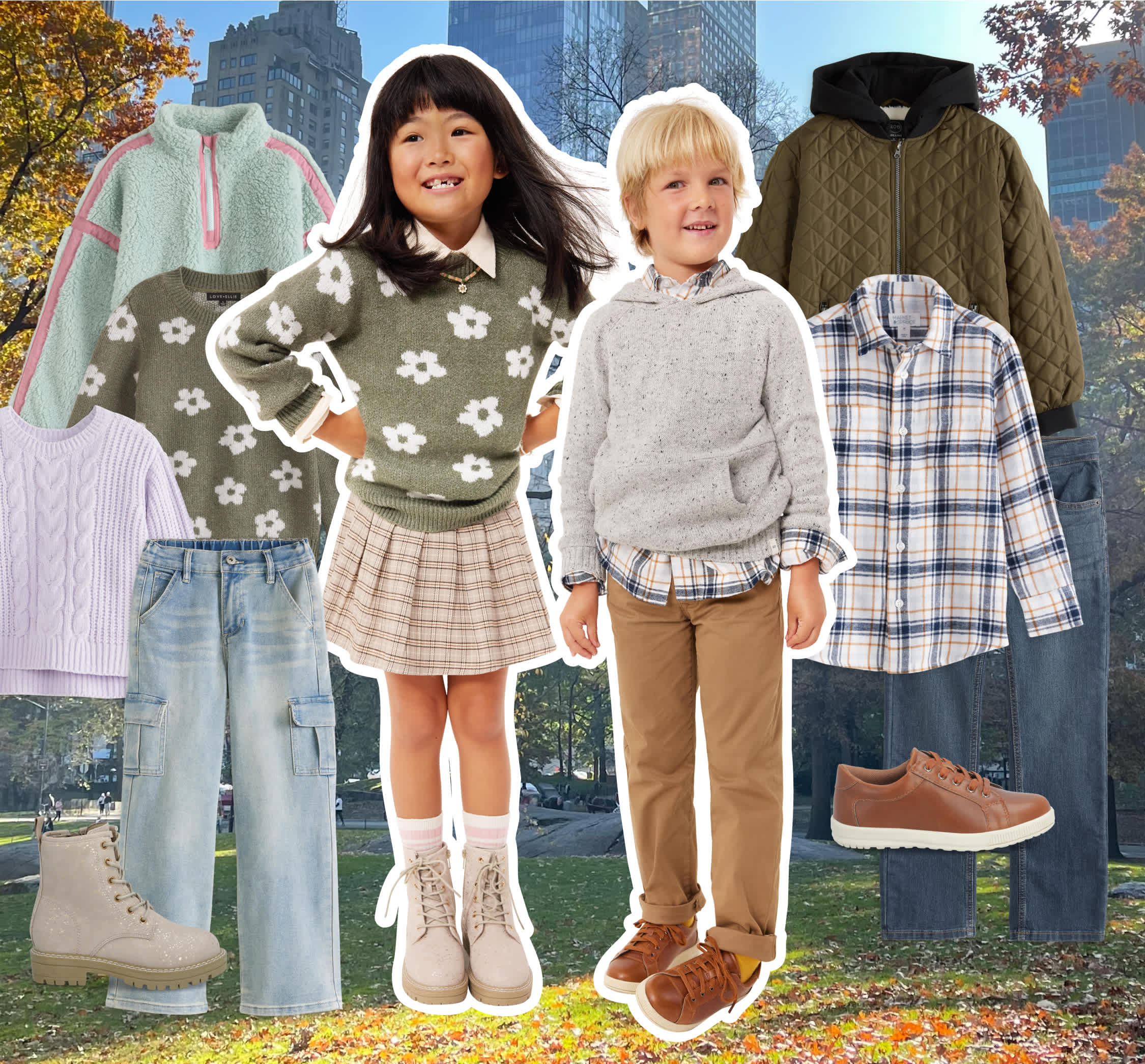 Stitch Fix kids’ hero image featuring three smiling children dressed in festive winter outfits. The girls wear velvet and knit dresses in pink, red, and cream tones, while the boy wears a striped reindeer sweater and khaki pants. Surrounding outfits include cozy sweaters, corduroy skirts, boots, jeans, and graphic knits — capturing Stitch Fix’s joyful holiday style.