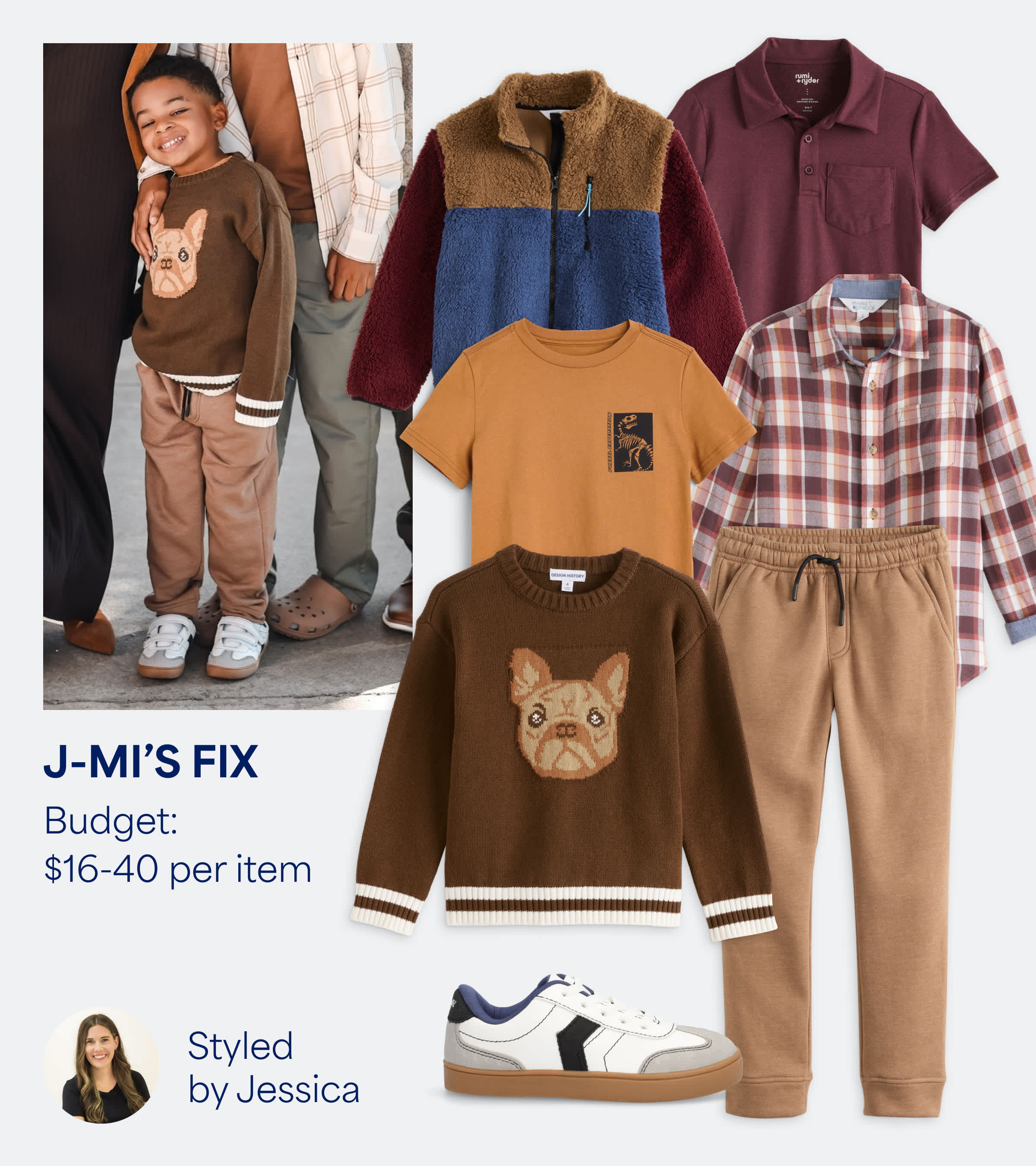 Stitch Fix Kids outfit styled by Jessica for J-Mi’s Fix. Budget: $16–40 per item. A playful fall look featuring a tan sweater with a lion face, brown joggers, and sneakers. Surrounding items include a rust and navy colorblock jacket, orange tee, and plaid shirt — casual and fun Stitch Fix style.