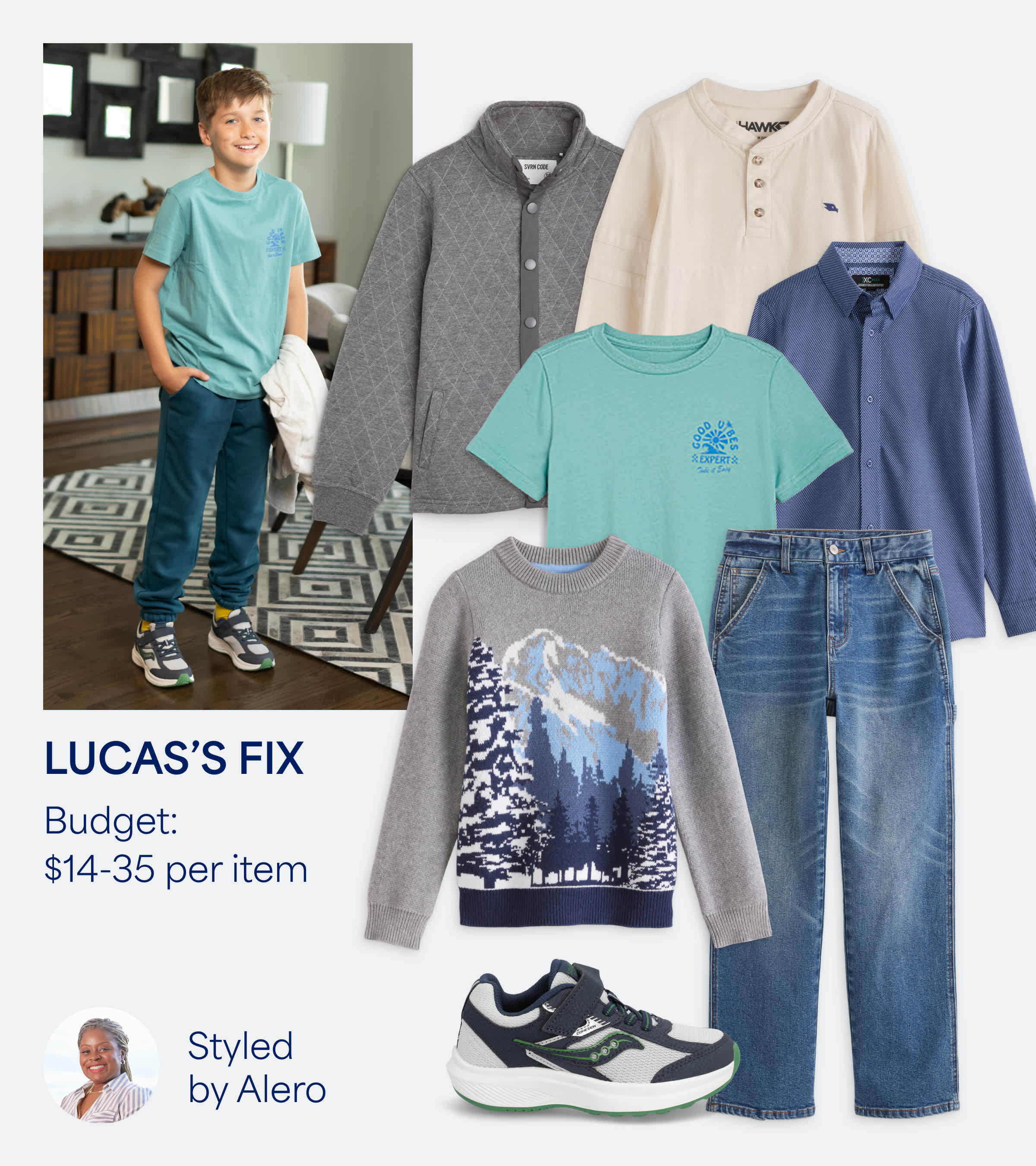 Stitch Fix Kids outfit styled by Alero for Lucas’s Fix. Budget: $14–35 per item. A casual boys’ look with a graphic mountain sweatshirt, blue jeans, and sneakers. Additional Stitch Fix items include a teal T-shirt, gray cardigan, beige polo, and printed button-down — everyday comfort meets cool style.