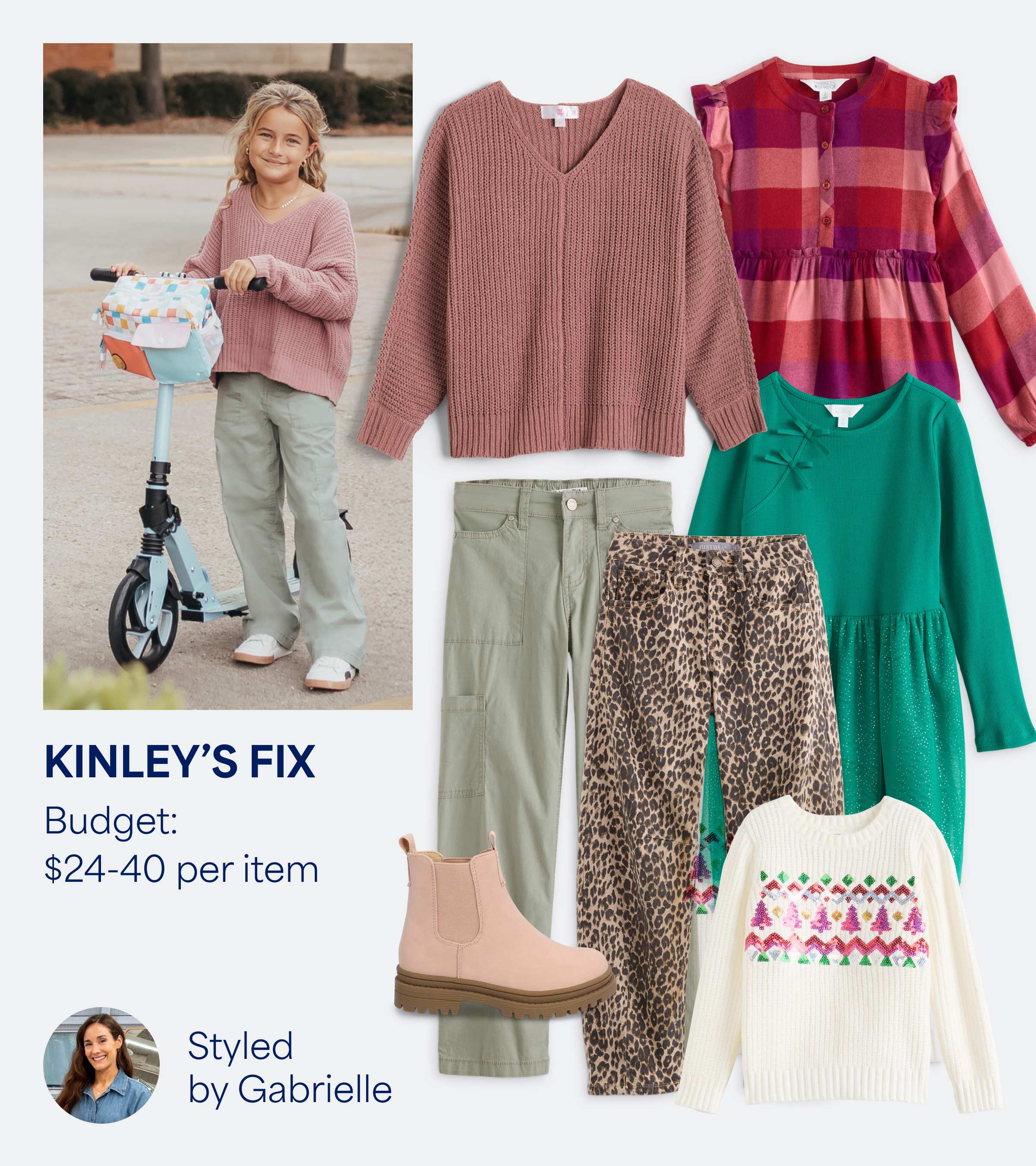 Stitch Fix Kids outfit styled by Gabrielle for Kinley’s Fix. Budget: $24–40 per item. A versatile girls’ mix including a blush knit sweater, olive pants, pink boots, and printed skirt. Additional pieces — a green dress and fair isle sweater — round out a cozy, stylish Stitch Fix wardrobe.