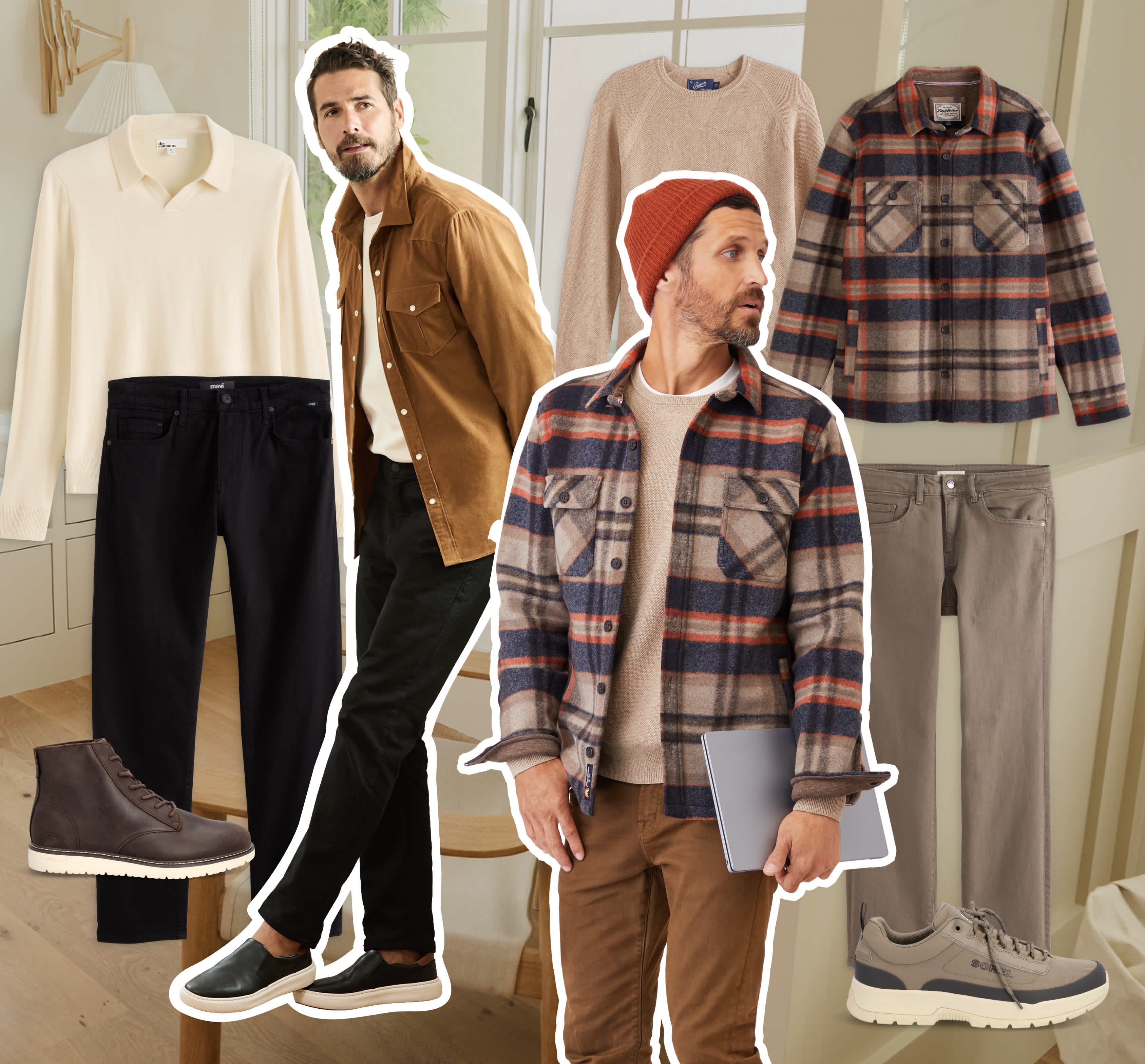 Stitch Fix men’s hero showcasing cozy, layered fall looks. Two men wear plaid overshirts, corduroy jackets, knit sweaters, and chinos in warm tones of rust, tan, and cream. Displayed alongside are complementary Stitch Fix pieces including neutral shirts, brown boots, and soft trousers.