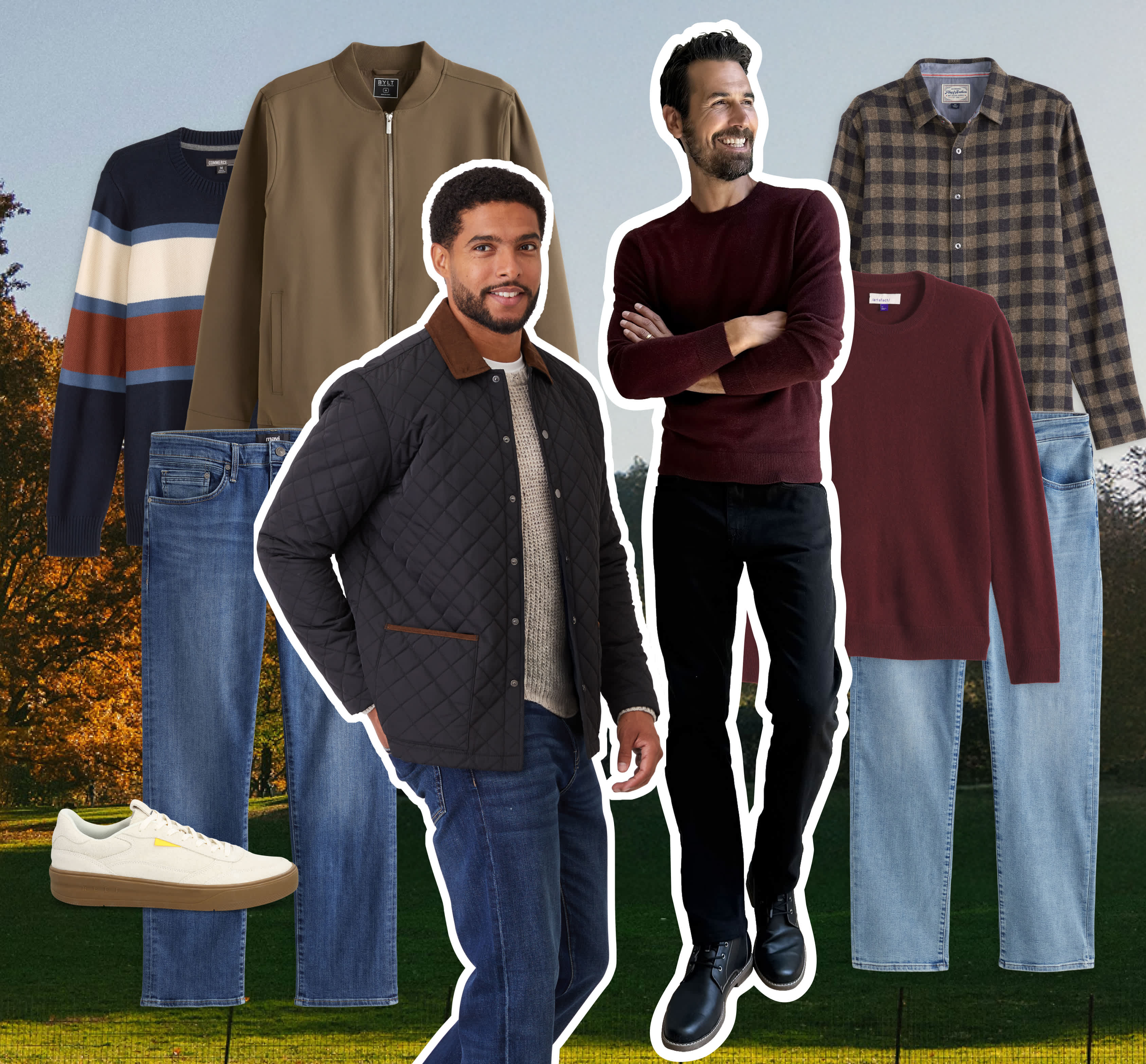 Stitch Fix men’s hero featuring casual fall outfits styled outdoors. Two men wear dark quilted jackets, striped and solid sweaters, and denim jeans. Displayed items include checked shirts, knit sweaters, and sneakers — capturing Stitch Fix’s effortless and relaxed approach to men’s style.