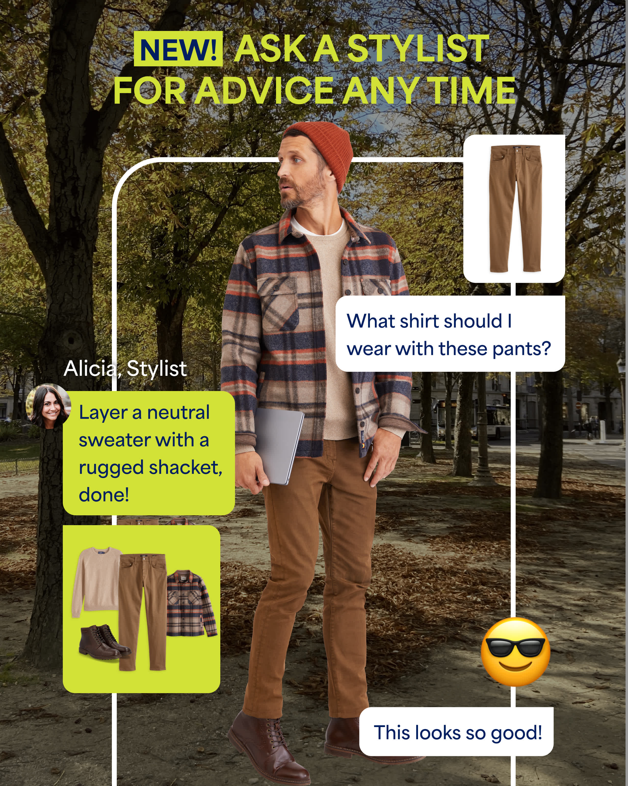 Stitch Fix image featuring a man outdoors in a plaid shacket, cream sweater, and brown pants. Headline: “NEW! Ask a Stylist for Advice Any Time.” Text bubble asks, “What shirt should I wear with these pants?” Stylist Alicia replies, “Layer a neutral sweater with a rugged shacket, done!” Small image shows the recommended outfit and emoji text reads, “This looks so good!”