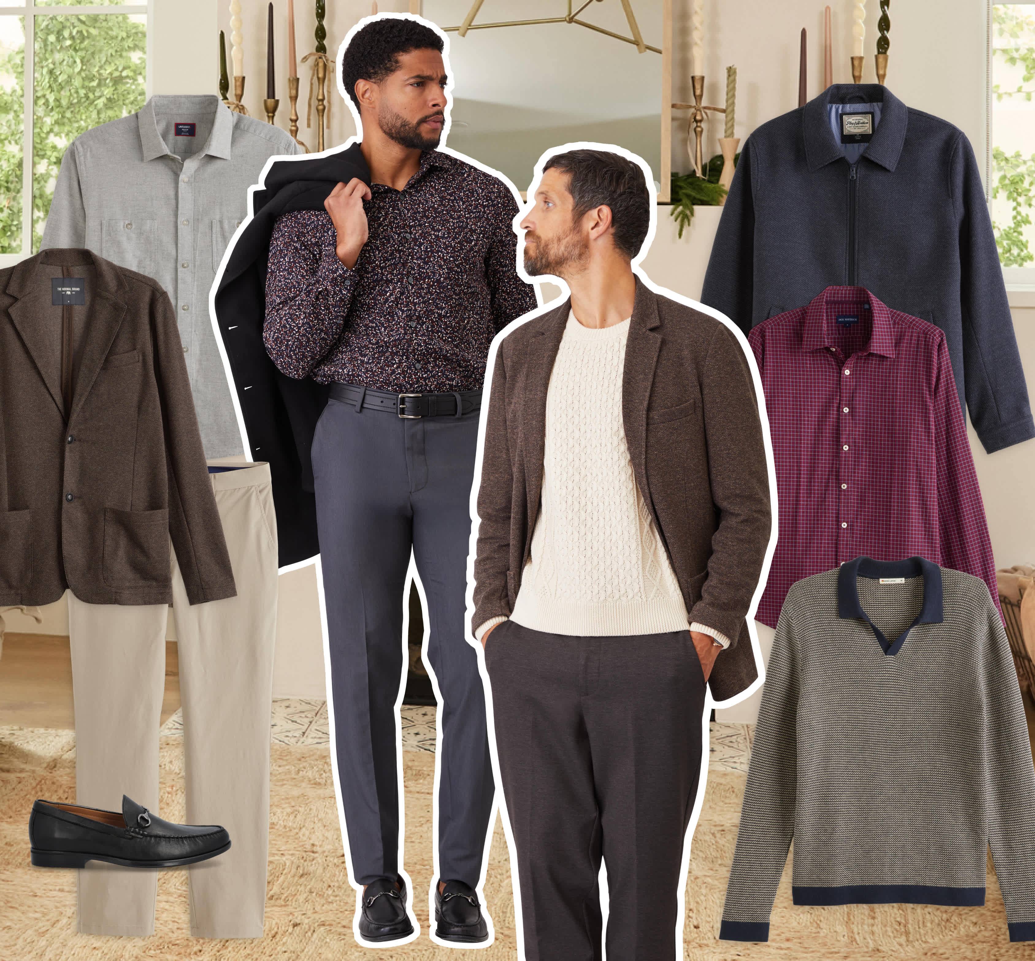 Stitch Fix men’s hero image featuring two men in elevated fall outfits styled for the season. One wears a patterned shirt and dark trousers, while the other wears a cream sweater and brown pants. Surrounding pieces include gray shirts, knit sweaters, tailored pants, and loafers — highlighting refined, modern Stitch Fix style.
