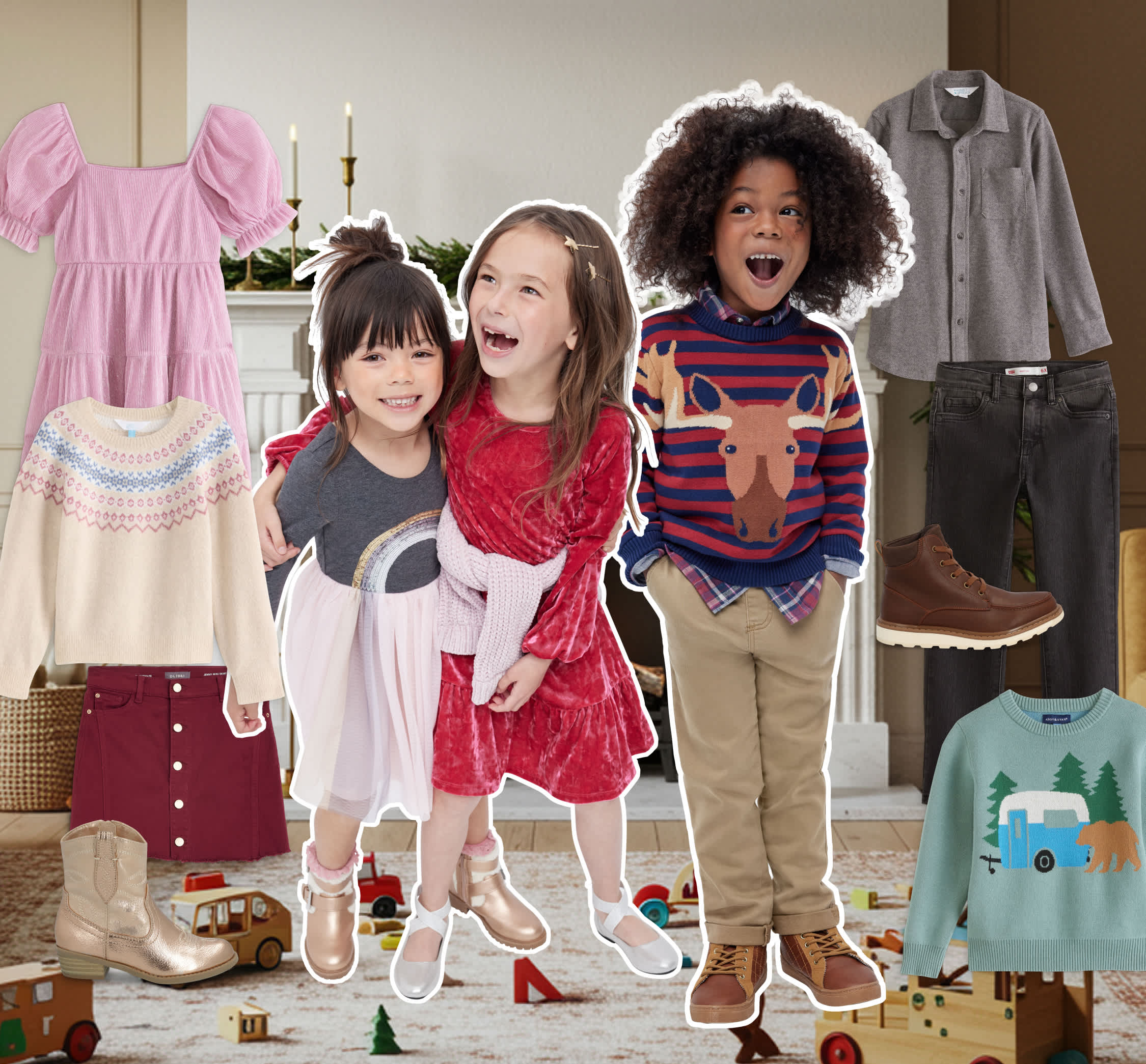 Stitch Fix kids’ hero showcasing fall and winter layering. Two children stand outdoors in soft pastel and neutral tones — a girl in a floral sweater and pleated skirt, and a boy in a cable-knit sweater with tan pants. Behind them are Stitch Fix pieces like plaid shirts, knit cardigans, jeans, and boots — styled for cozy seasonal adventures.