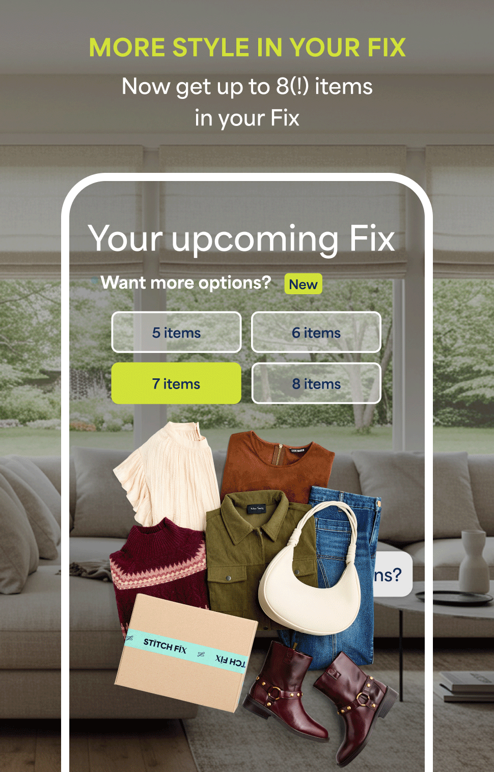 Animated Stitch Fix GIF titled ‘More style in your Fix,’ with the subtitle ‘Now get up to 8(!) items in your Fix.’ The animation alternates between two outfit collections displayed on a phone screen under the header ‘Your upcoming Fix.’ The first frame shows a women’s assortment including a cream blouse, rust sweater, green button-up shirt, jeans, brown boots, a white handbag, and a Stitch Fix box. The second frame shows a men’s assortment featuring a gray overshirt, red check shirt, blue button-up, white tee, dark trousers, shoes, and a Stitch Fix box. Both screens highlight the option to select between 5, 6, 7, or 8 items, with 7 items selected.
