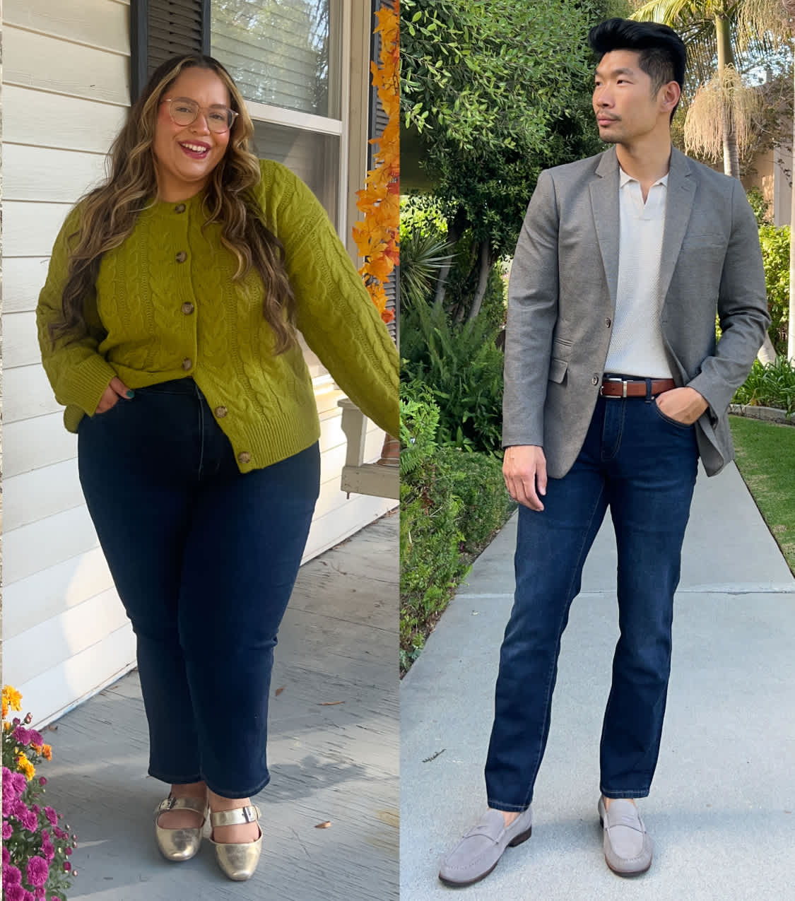 A collage of women's and men's Stitch Fix clients ranging in diverse body sizes, wearing Stitch Fix clothing.