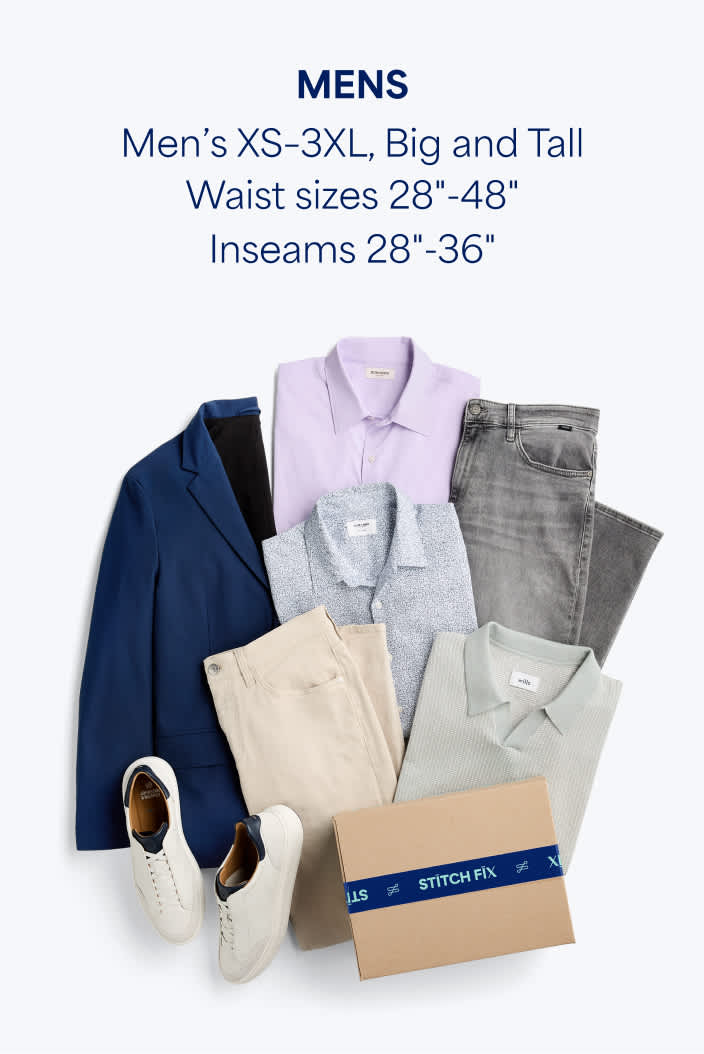 An image lay down of an assortment of mens clothes around a Stitch Fix box, ranging from items like button-downs, a blue blazer and white sneakers.