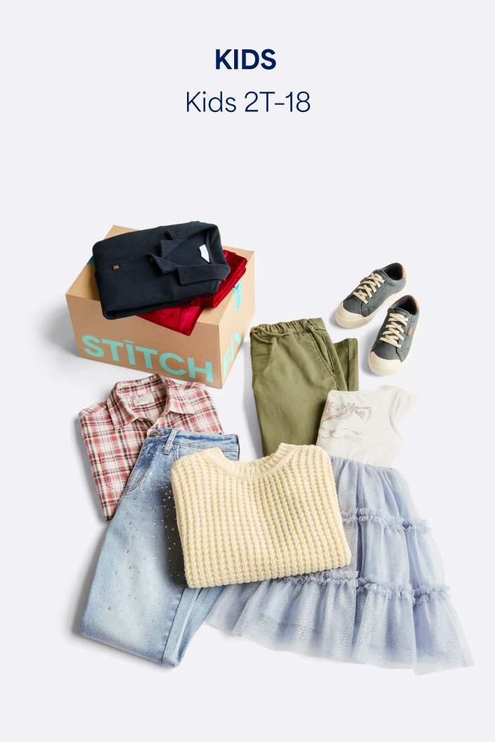 An image lay down of an assortment of kids' clothes around a Stitch Fix box, ranging from boys and girls items like sweaters, jeans, sneakers and more.