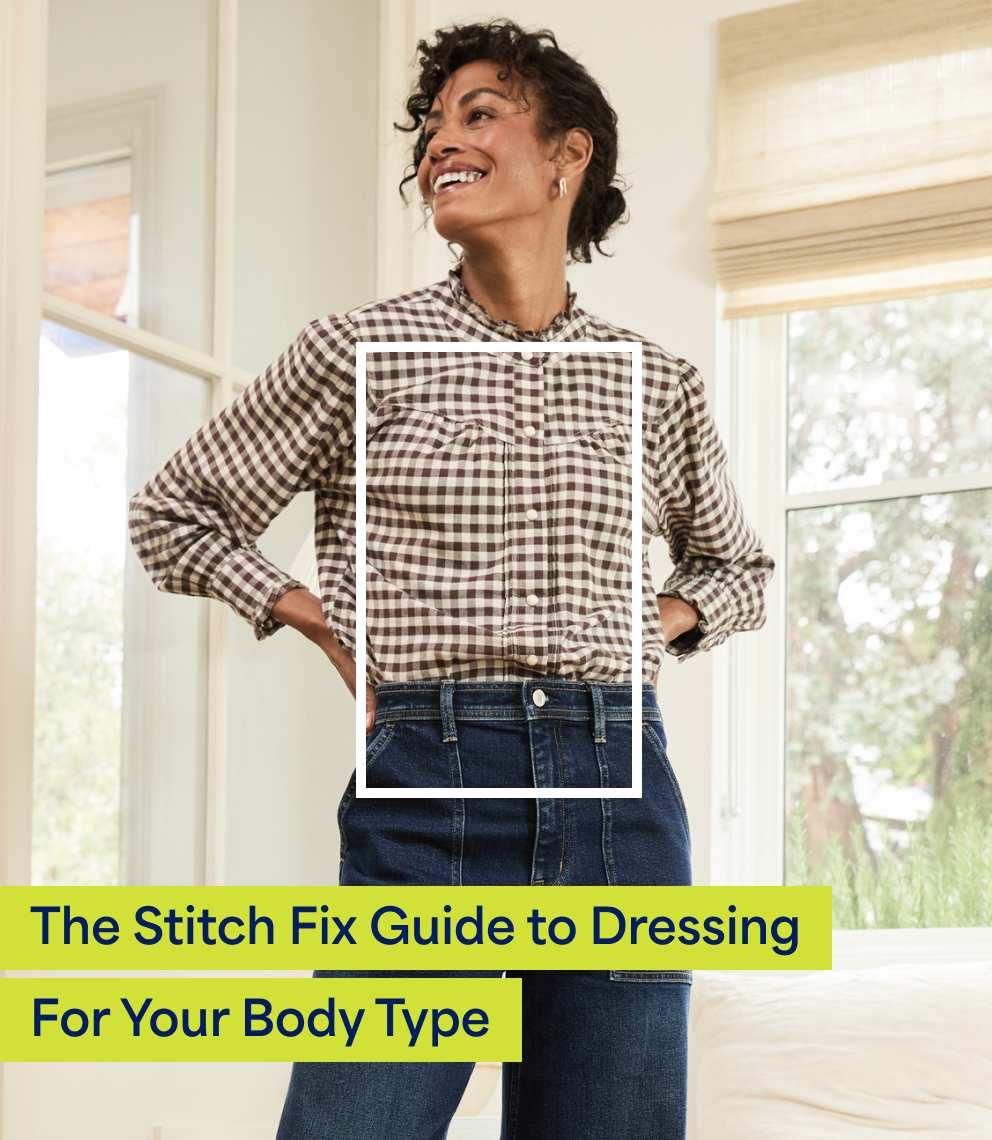 A woman posing in Stitch Fix clothing with a gingham shirt and blue jeans on with a rectangle shape overlay to show she's a rectangle shape.
