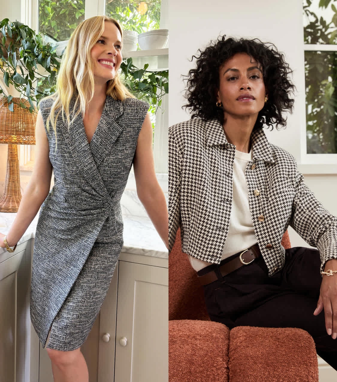 A collage of two women posing in Stitch Fix workwear clothing, featuring a houndstooth blazer and black pants, and a structured work dress.