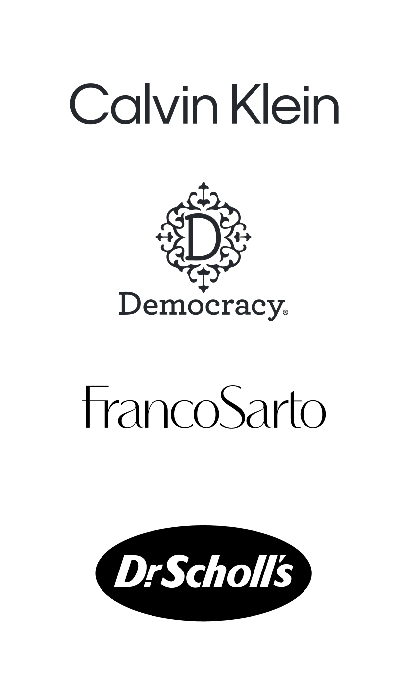 Brand logos: Calvin Klein. Democracy, Franco Sarto, Dr. Scholls