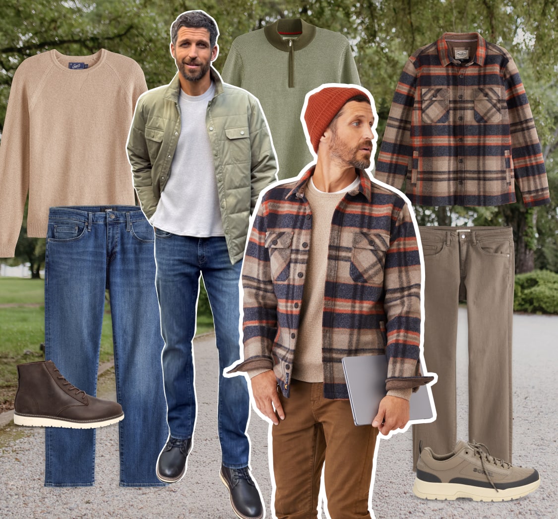 Stitch Fix men’s hero showcasing cozy, layered looks. Two men wear plaid overshirts, corduroy jackets, knit sweaters, and chinos in warm tones of rust, tan, and cream. Displayed alongside are complementary Stitch Fix pieces including neutral shirts, brown boots, and soft trousers.