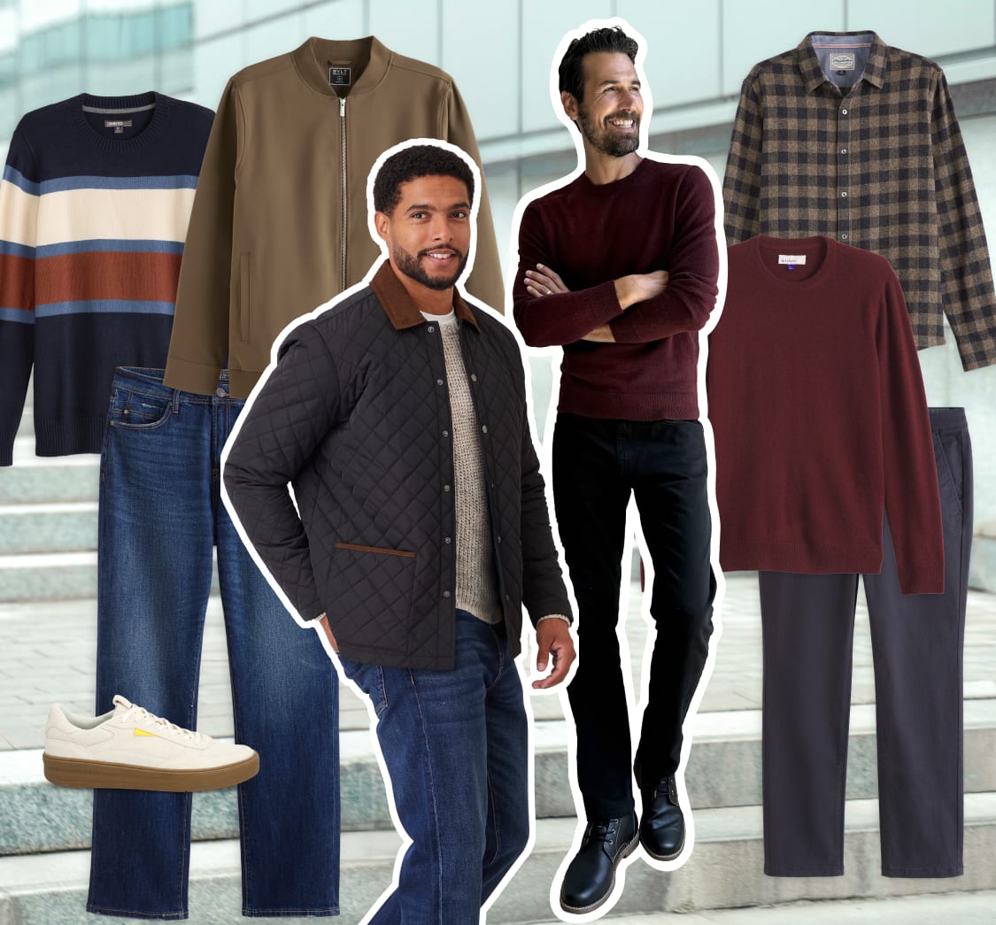 Stitch Fix men’s hero featuring casual outfits styled outdoors. Two men wear dark quilted jackets, striped and solid sweaters, and denim jeans. Displayed items include checked shirts, knit sweaters, and sneakers — capturing Stitch Fix’s effortless and relaxed approach to men’s style.