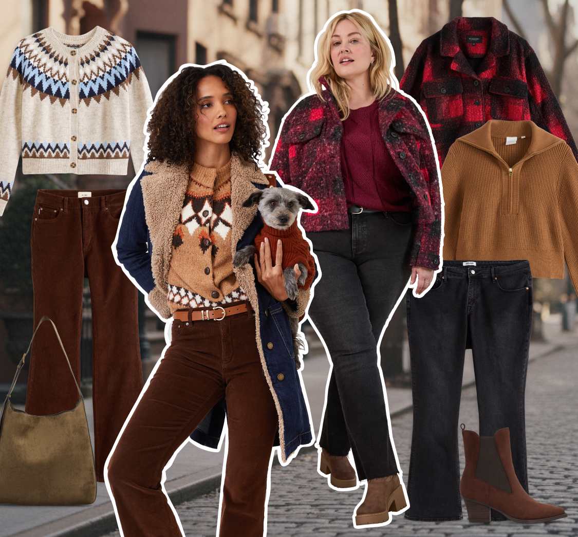 Stitch Fix collaged image showcasing fall/winter looks for women. Models wearing styled outfits in seasonal outfits. Featuring pieces Fair Isle cardigan, black jeans, sueded boots and bag, corduroy pants, quarter-zip jacket and red plaid jacket.