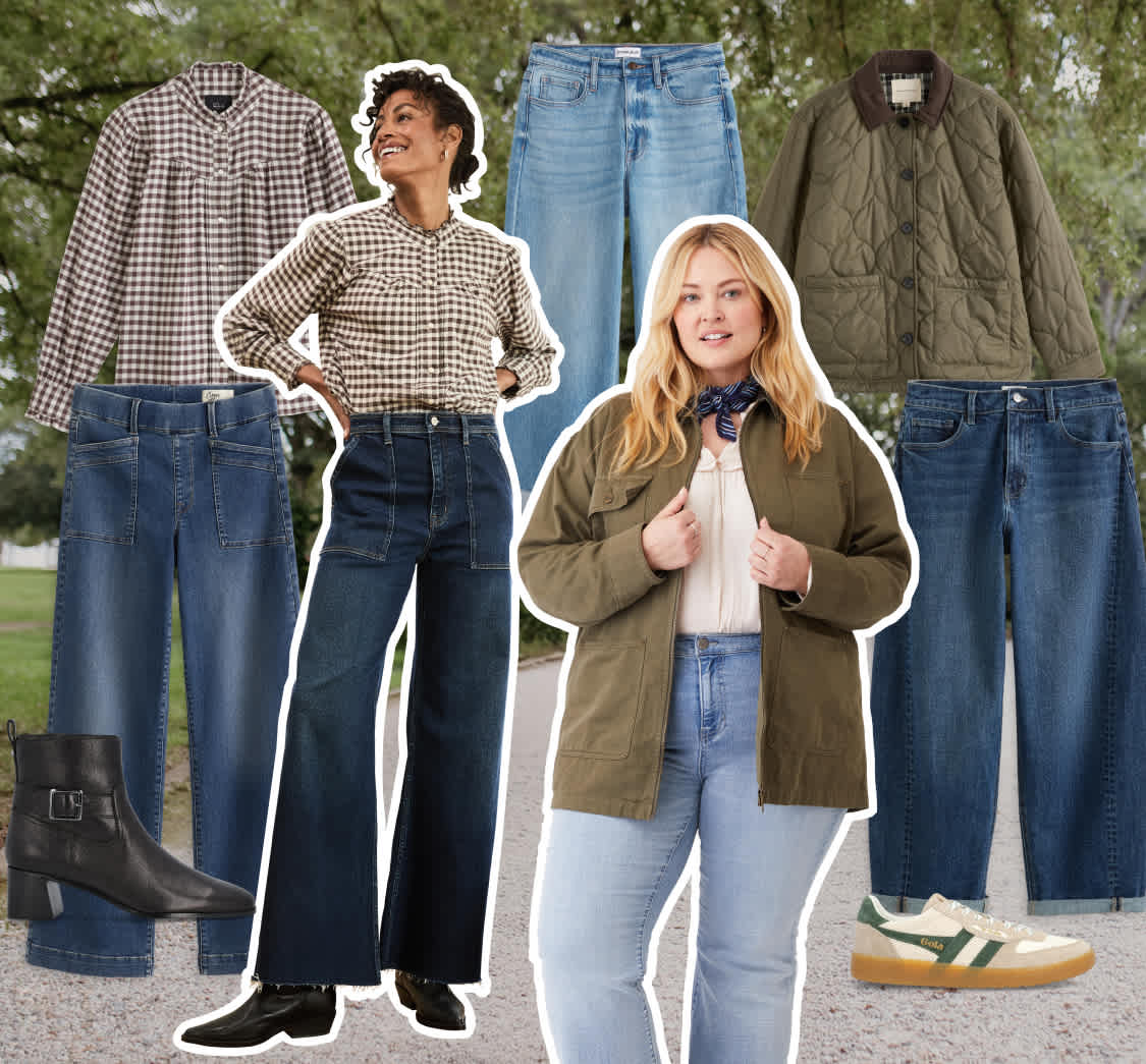 Stitch Fix collaged image showcasing fall-ready looks for women set against a city apartment backdrop. Models wearing styled outfits in seasonal outfits. Featuring pieces quilted jackets, feminine blouses, lighter and darker-wash denim, Fair Isle sweaters, retro-looking sneakers and boots.
