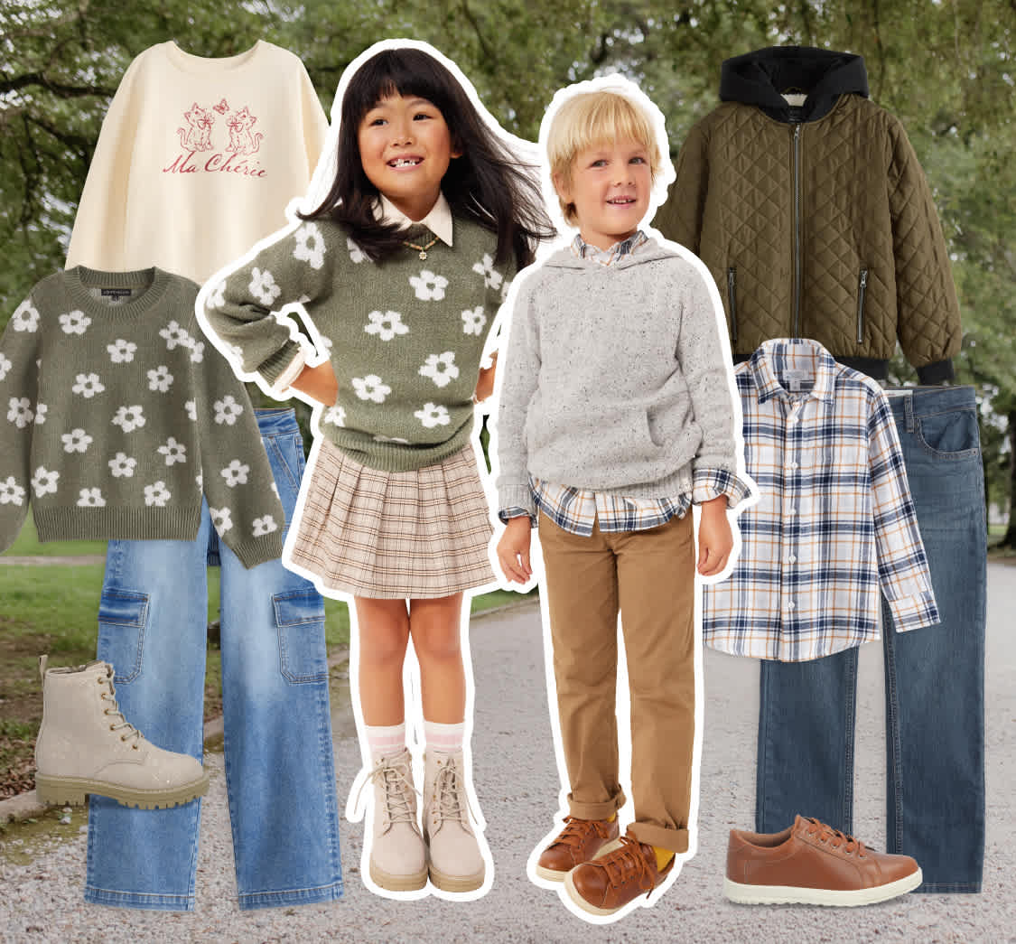 Stitch Fix kids’ hero showcasing fall and winter layering. Two children stand outdoors in soft pastel and neutral tones — a girl in a floral sweater and pleated skirt, and a boy in a cable-knit sweater with tan pants. Behind them are Stitch Fix pieces like plaid shirts, knit cardigans, jeans, and boots — styled for cozy seasonal adventures.