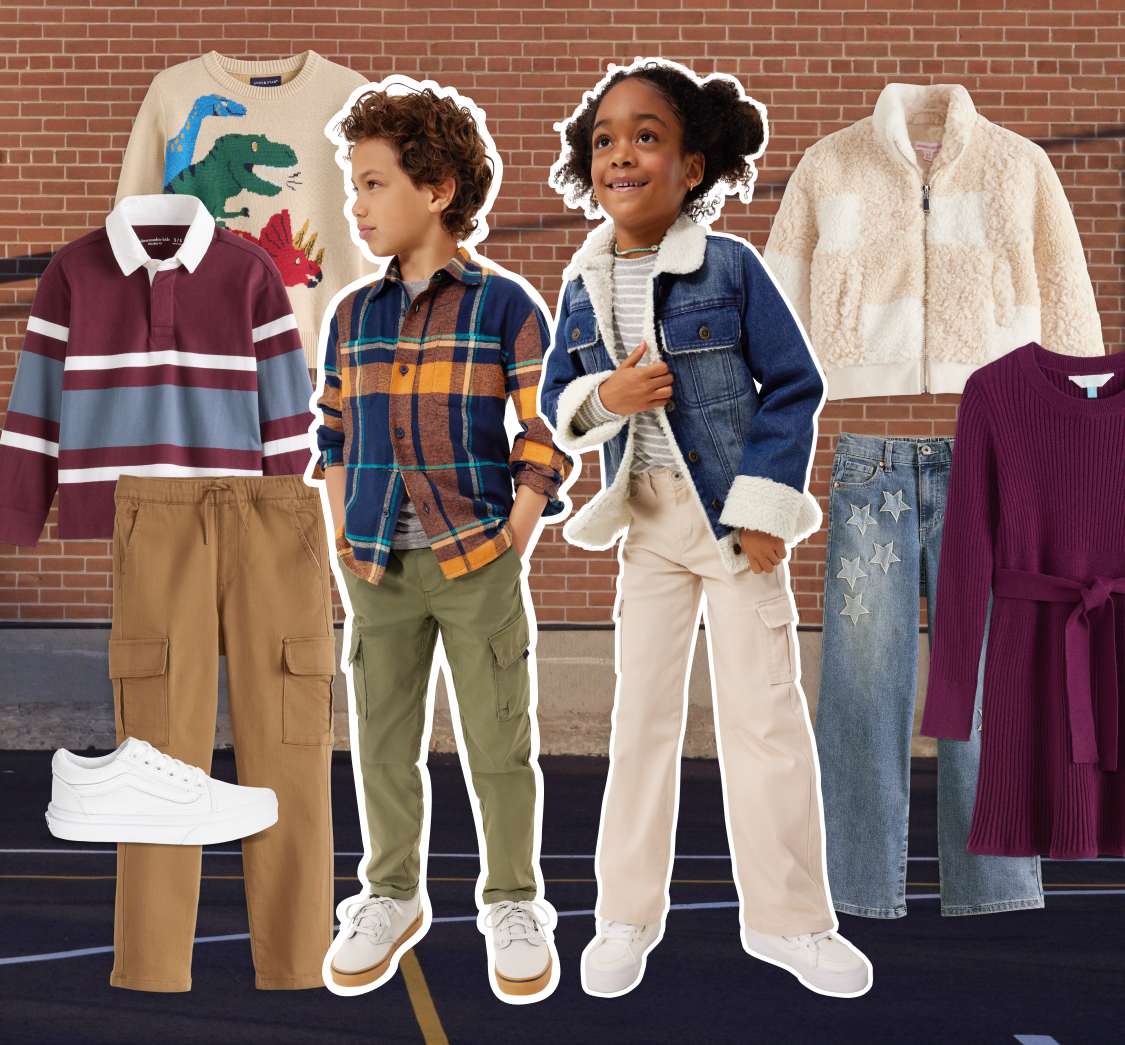 Stitch Fix kids’ hero image featuring two children dressed for cooler weather. The boy wears a plaid flannel shirt with green cargo pants, while the girl wears a denim jacket, cream sweater, and white pants. Displayed pieces include striped polos, sherpa jackets, jeans, and a purple knit dress — showcasing comfortable, playful Stitch Fix fall fashion.