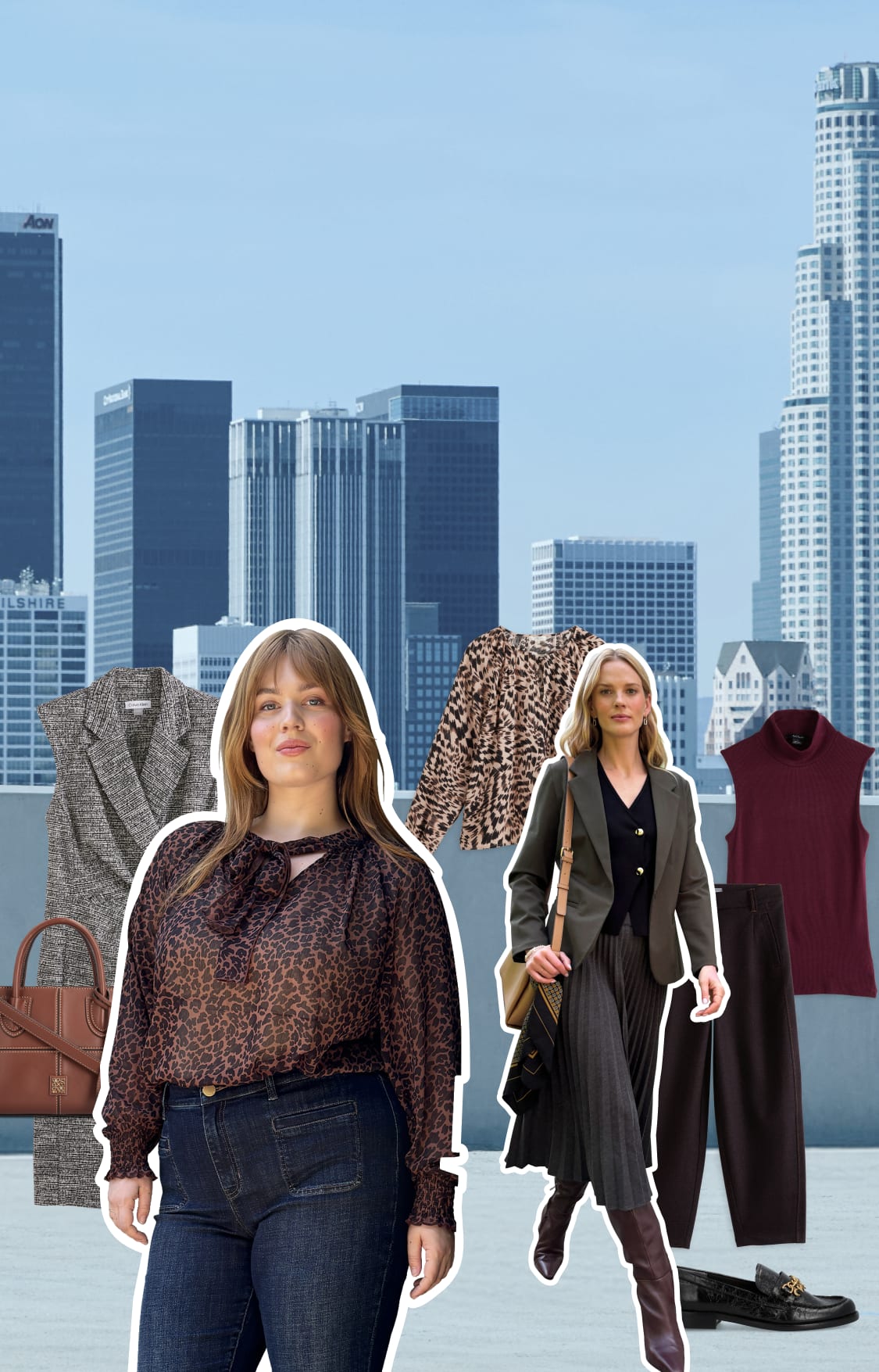 A Stitch Fix client wears a neutral fall outfit featuring a beige turtleneck sweater, burgundy satin skirt, leopard heels, and tan shoulder bag. Photographed in a softly lit bedroom, the look captures refined and modern Stitch Fix style.