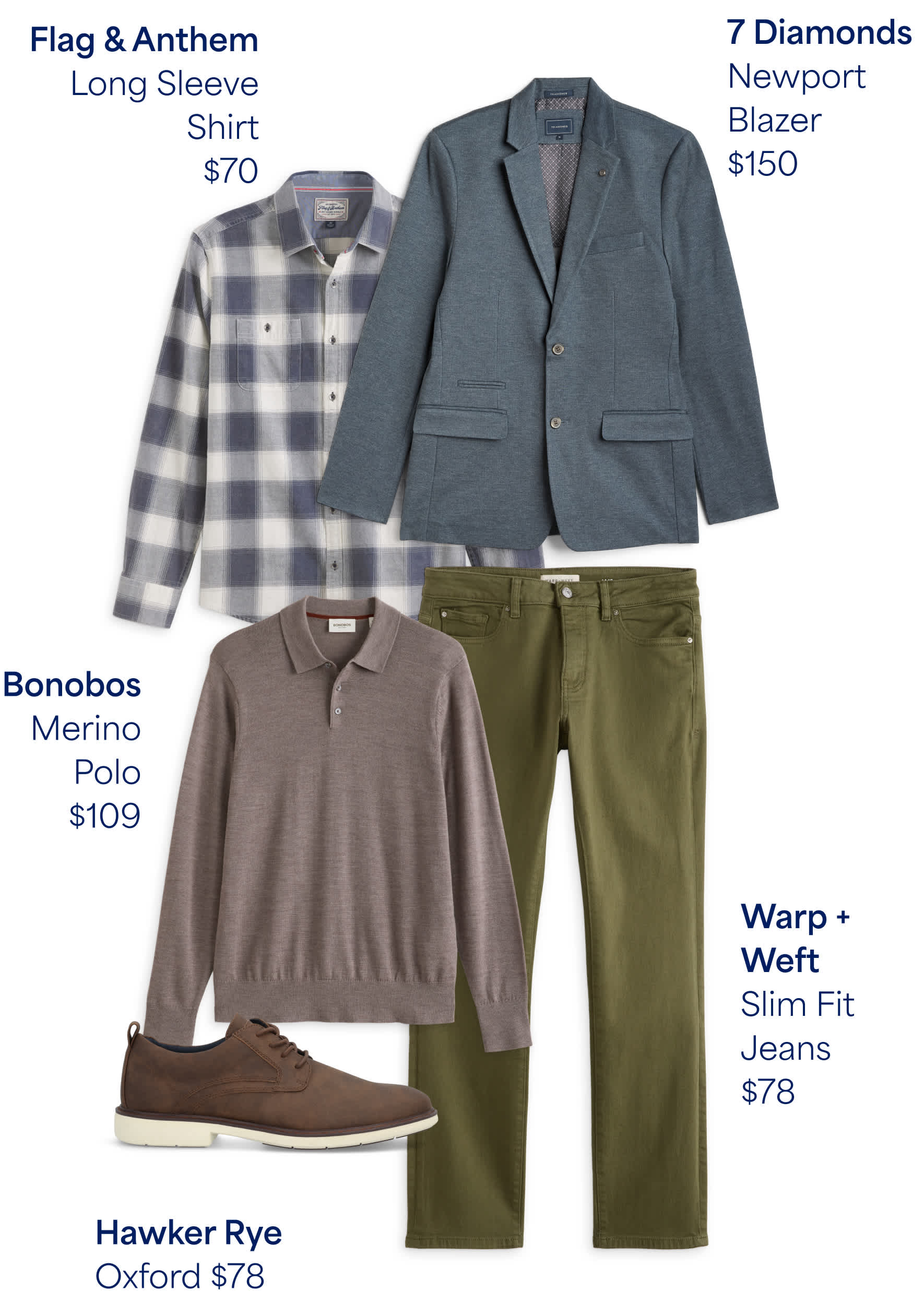 Stitch Fix men's outfit flay lay featuring a Flag & Anthem Long Sleeve Shirt ($70), 7 Diamonds Newport Blazer ($150), Bonobos Merino Polo ($109), Warp + Weft Slim Fit Jeans ($78) and Hawker Rye Oxfords ($78). A modern, smart-casual look combining comfort and polish.