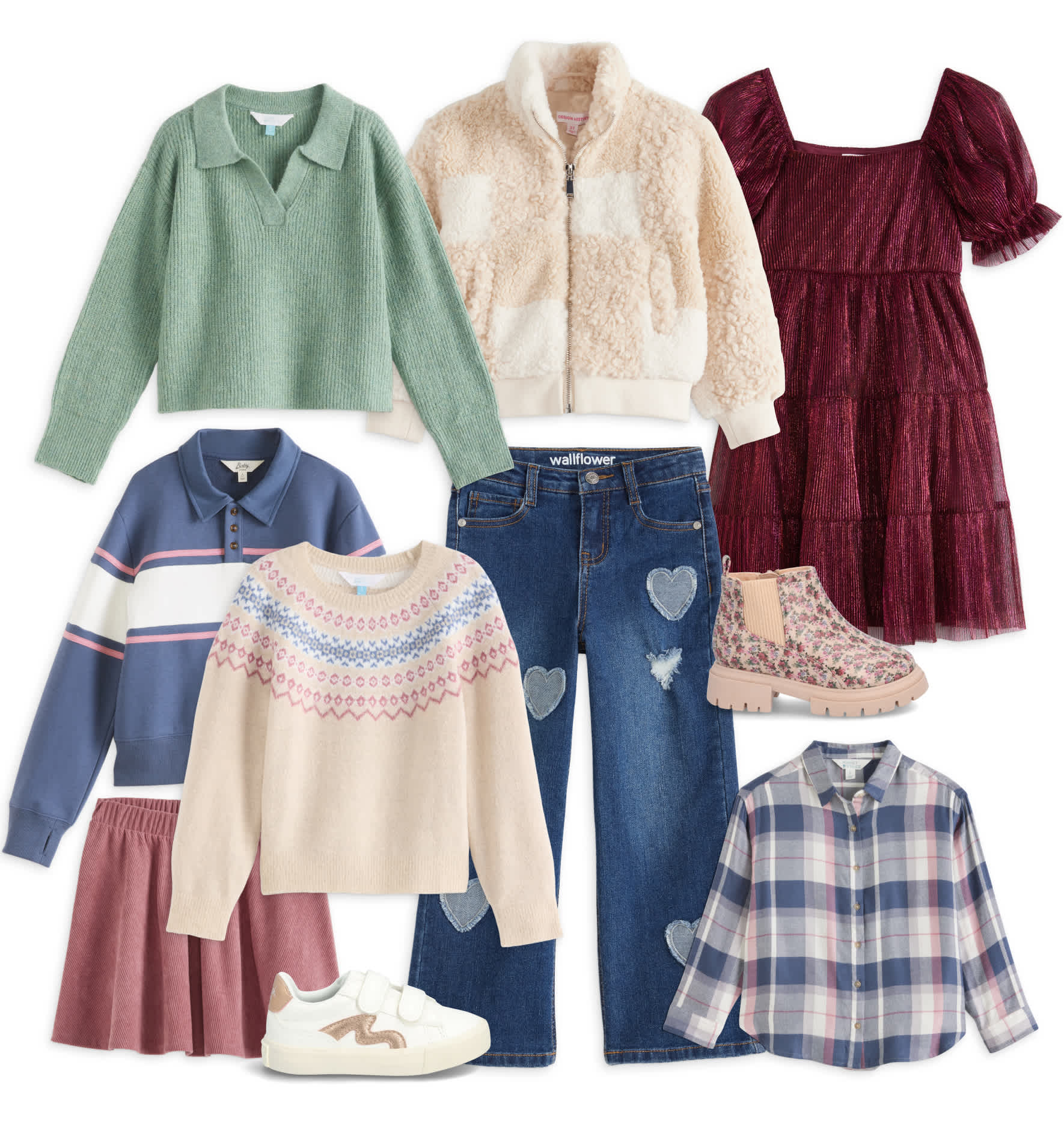 A Stitch Fix outfit flay lay featuring cozy girls' styles. These kids pieces include a fuzzy mint sweater, cream sherpa jacket, burgundy floral dress, denim jeans with heart patches, plaid shirt and blush sneakers and boots—styled for a warm fall/winter look.
