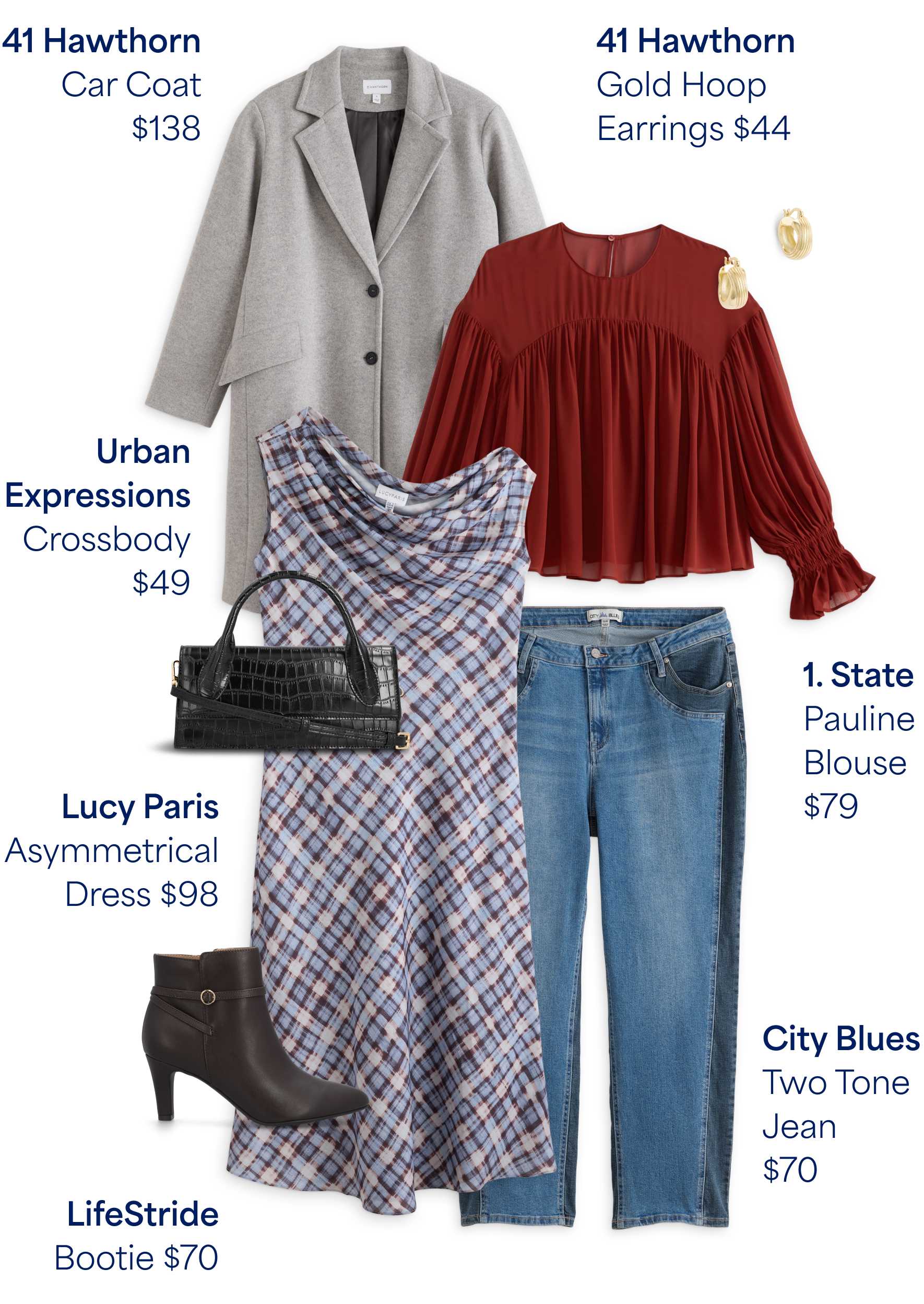 Stitch Fix outfit flat lay highlighting cozy fall layers: Z Supply Denim Jacket ($138), Love Ellie Cable Cardigan ($59), Pinque Sweater Vest ($44), Daze Denim Cuffed Jean ($94), Pistola Arched Leg Jean ($178), and Dr. Scholl’s Hello Loafer ($60). A relaxed, elevated fall ensemble.