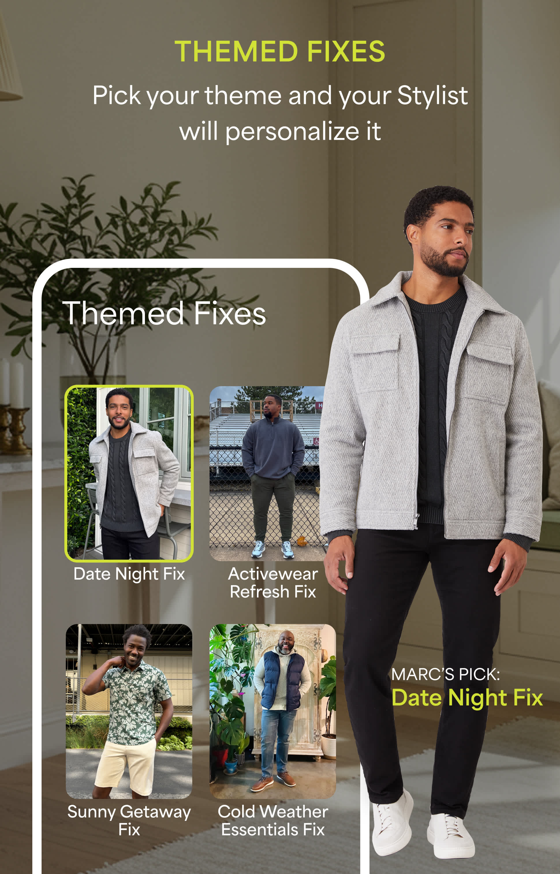 Stitch Fix image featuring a man in a burgundy sweater and dark pants under the headline “THEMED FIXES.” Text reads: “Pick your theme and your Stylist will personalize it.” Four themed Fix options are shown: Holiday Party Fix, Cold Weather Essentials Fix, Business Professional Fix and Loungewear Fix. A label reads “MARC’S PICK: Date Night Fix.”