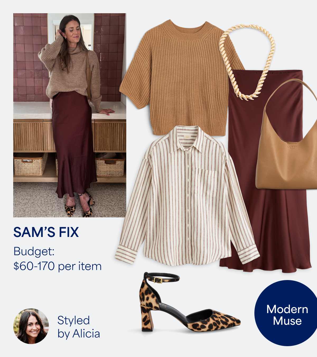 Stitch Fix women’s outfit styled by Alicia for Amy’s Fix. Budget: $60–170 per item. A cozy fall look featuring a tan turtleneck sweater, striped button-down shirt, and silky burgundy midi skirt paired with leopard heels and a tan shoulder bag. Text Stylefile bubble reads “Modern Muse.” A photo of Amy wearing the outfit completes the composition.