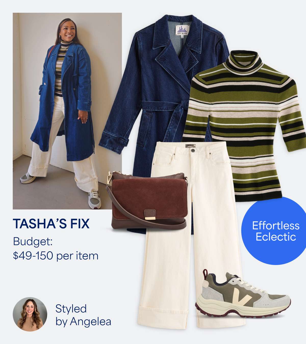 Stitch Fix women’s outfit styled by Angelea for Joehaide’s Fix. Budget: $46–130 per item. A bold mix of textures featuring a soft lavender faux-fur jacket, black knit cardigan, bright red satin dress, light-wash jeans, and red heels. Text Stylefile bubble reads “Eccentric Edge.” Photo shows Joehaide wearing the look with her child outdoors.