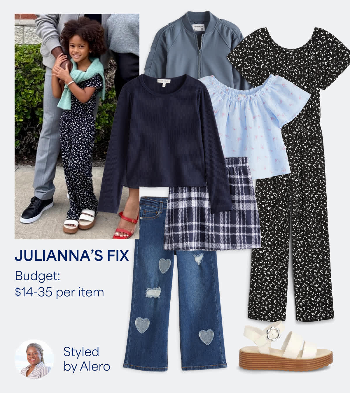 Stitch Fix kids outfit styled by Alero for Julianna’s Fix. Budget: $14-35 per item. Fun everyday styles featuring a ribbed navy sweater, plaid blue skirt, floral blouse, slate-colored bomber, patterned black and white jumpsuit and white platform sandals. Photo shows Julianna outdoors wearing the items in her Fix.