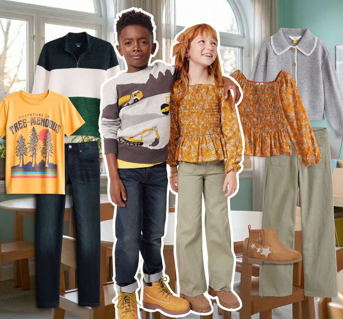 Stitch Fix hero image of a park with trees background with collaged kid models and styles overlayed on top. There is one young boy model wearing a sweater with trackers, dark-wash jeans and tan boots. The young girl model is wearing an orange floral blouse, green cargo pants and tan booties with stars on them.