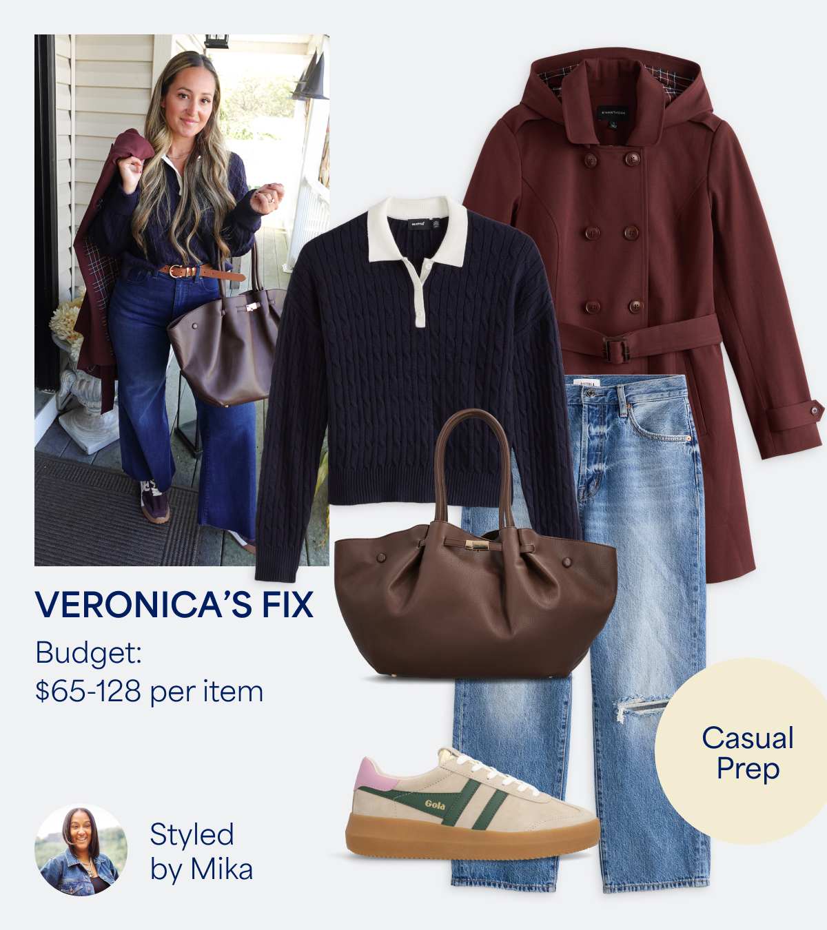 Stitch Fix women’s outfit styled by Mika for Lana’s Fix. Budget: $40–150 per item. A polished fall look with a navy floral dress, forest green cropped cardigan, dark-wash jeans, black pointed heels, and a woven clutch. Text Stylefile bubble reads “Timeless Trendsetter.” Photo shows Lana smiling in her Stitch Fix look.