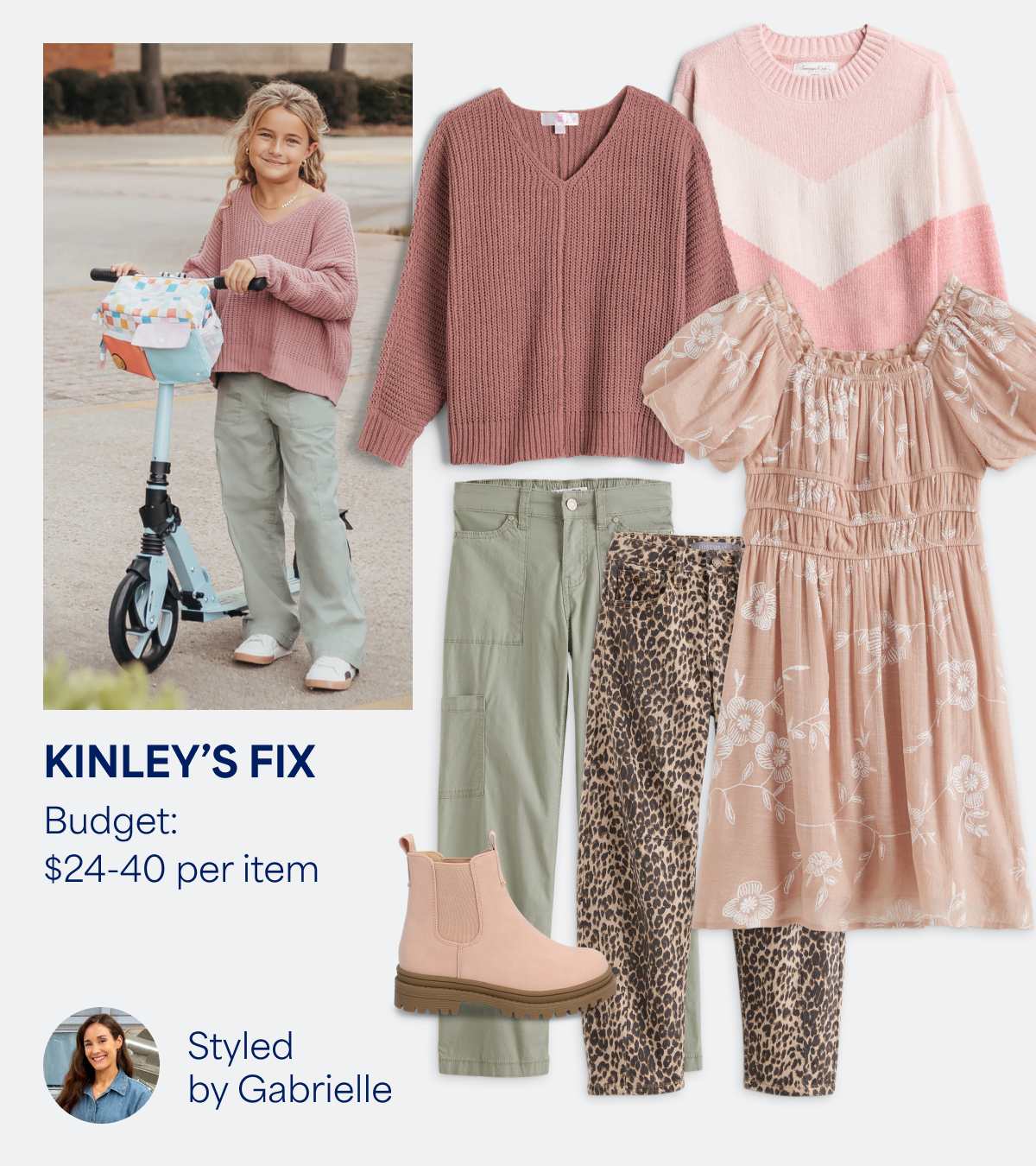 Stitch Fix kids outfit styled by Gabrielle for Kinley’s Fix. Budget: $24-40 per item. Fun everyday styles featuring a rose-colored V-neck sweater, pink chevron sweater, green cargo pants, leopard pants, tan floral puff-sleeved dress and pink booties. Photo shows Kinley outdoors with a scooter wearing the items in her Fix.
