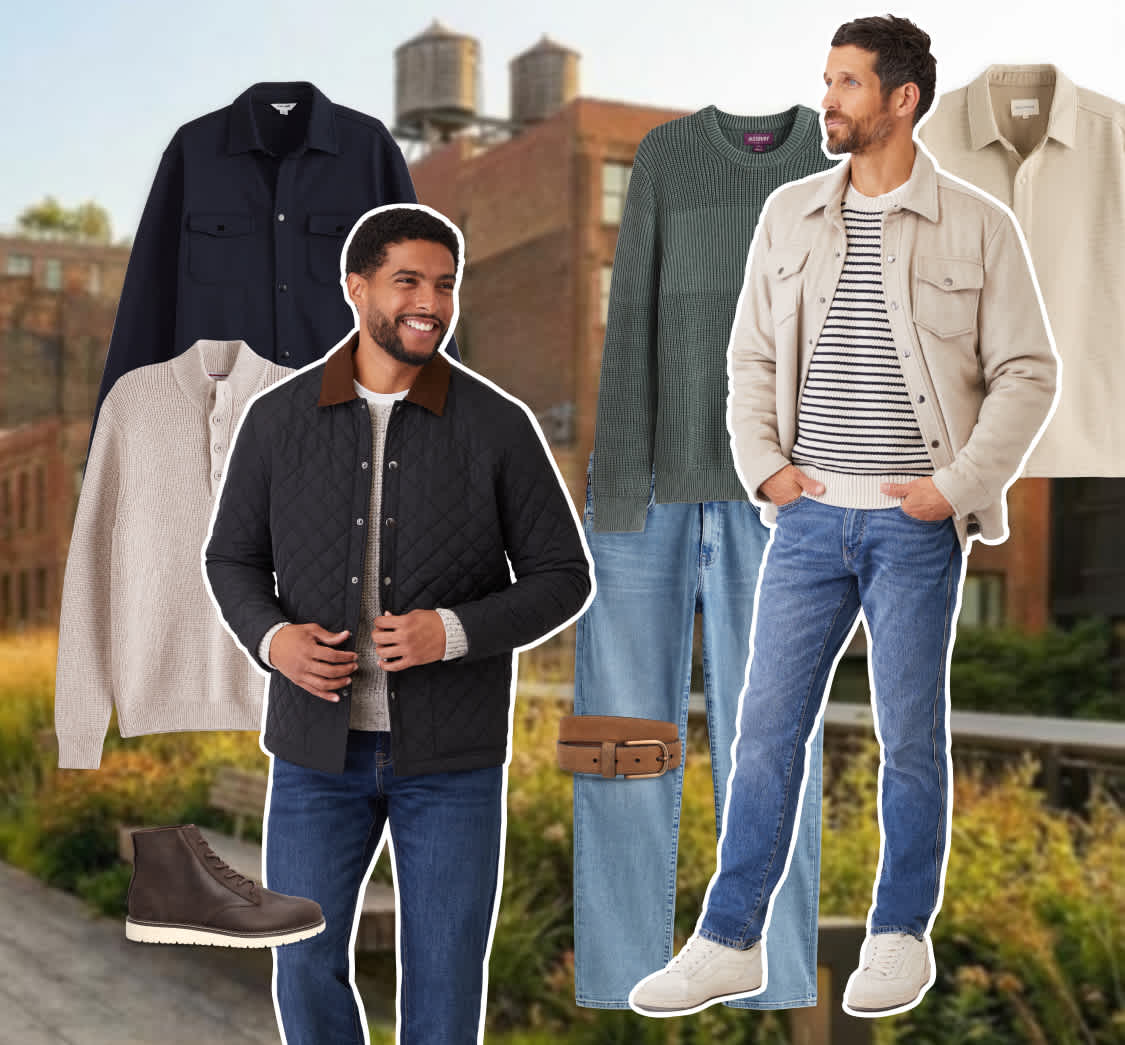 Stitch Fix hero image of a city building background with collaged male models and styles overlayed on top. One male model is wearing a light cream sweater and quilted jacket with dark-blue jeans. The other male model is wearing a striped sweater, cream shirt jacket, blue jeans and white sneakers.